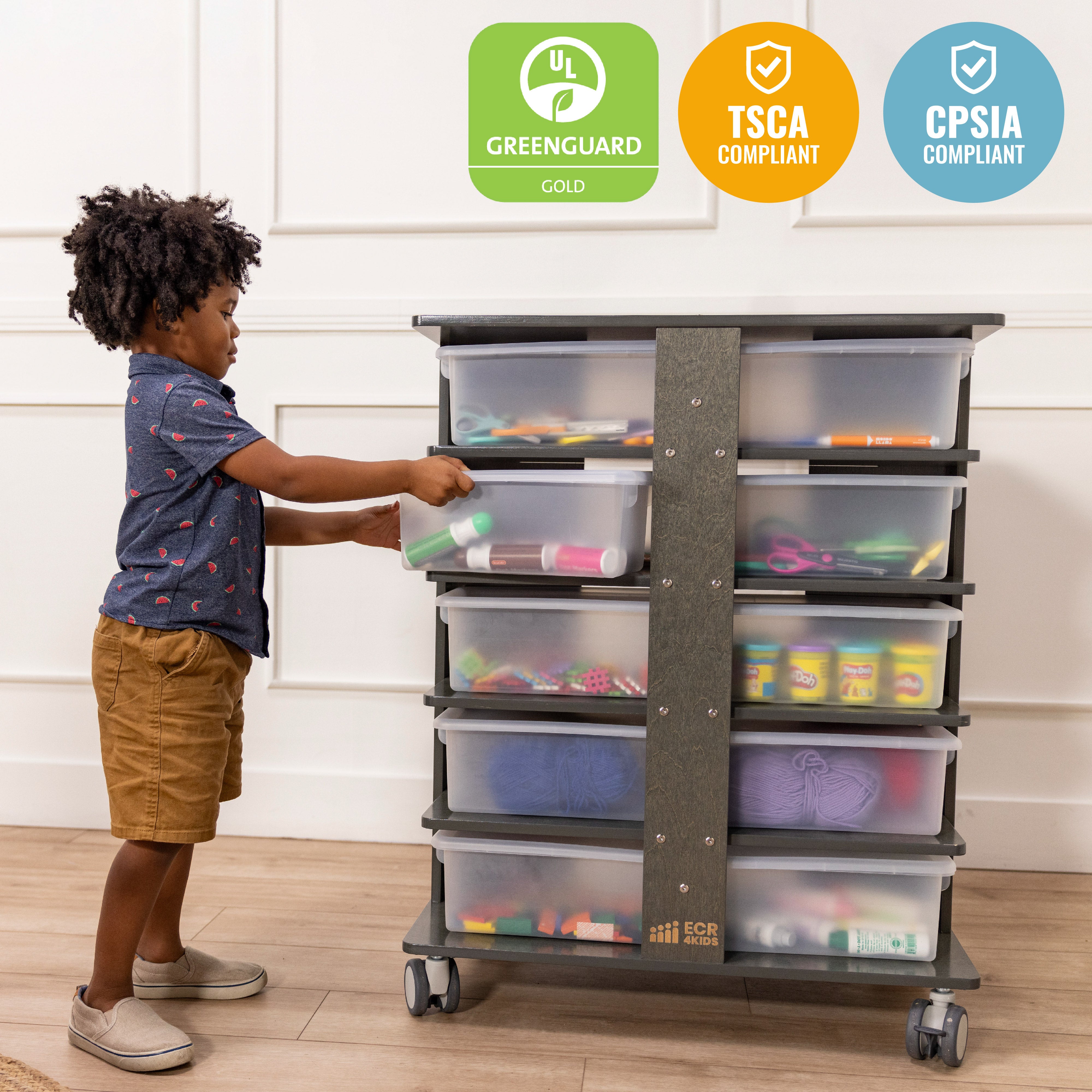 20-Compartment Mobile Storage Tower with Cubby Bins with Lids, 5x4, Grey Wash, Classroom Furniture