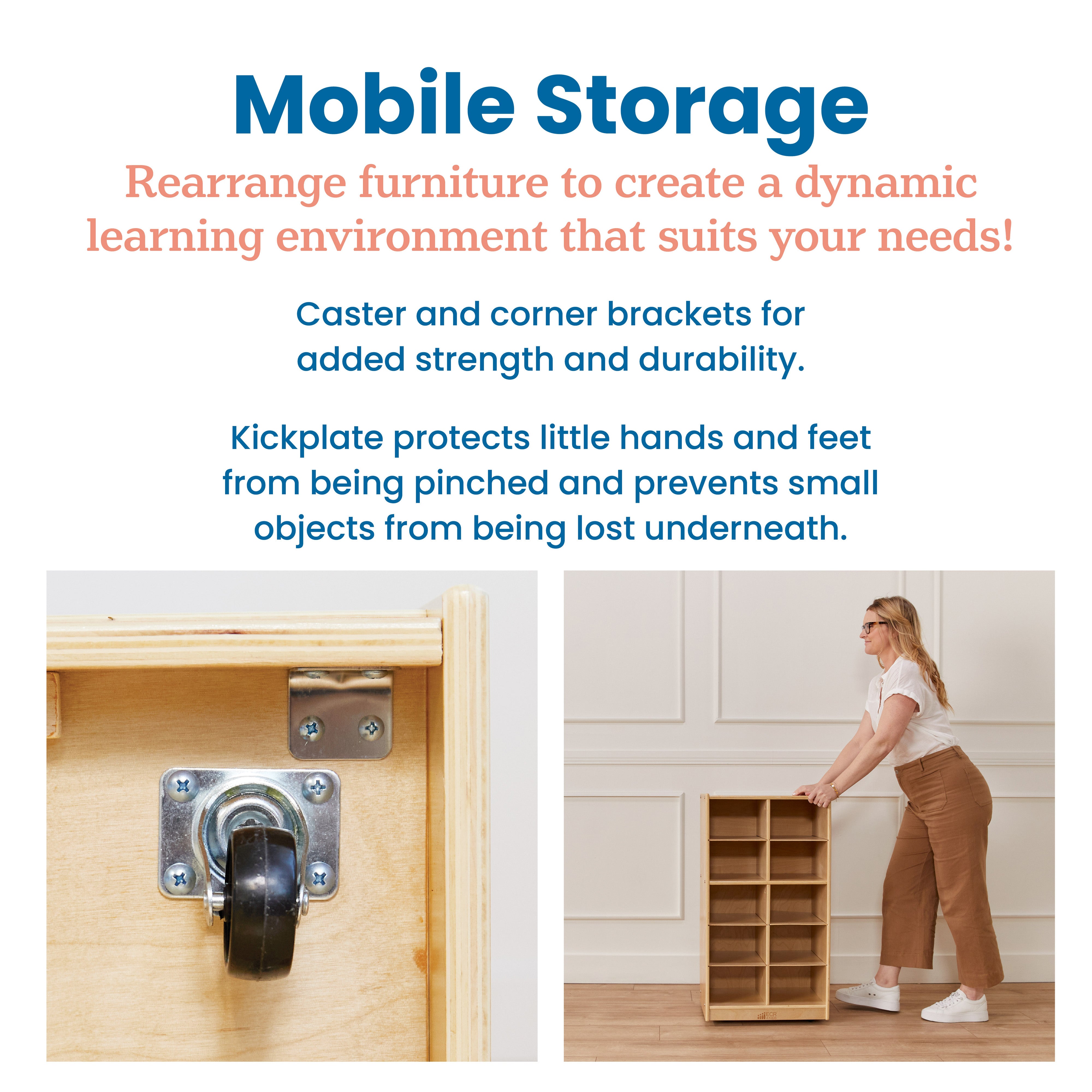10 Cubby Mobile Tray Cabinet with 10 Scoop Front Storage Bins, 5x2, Natural
