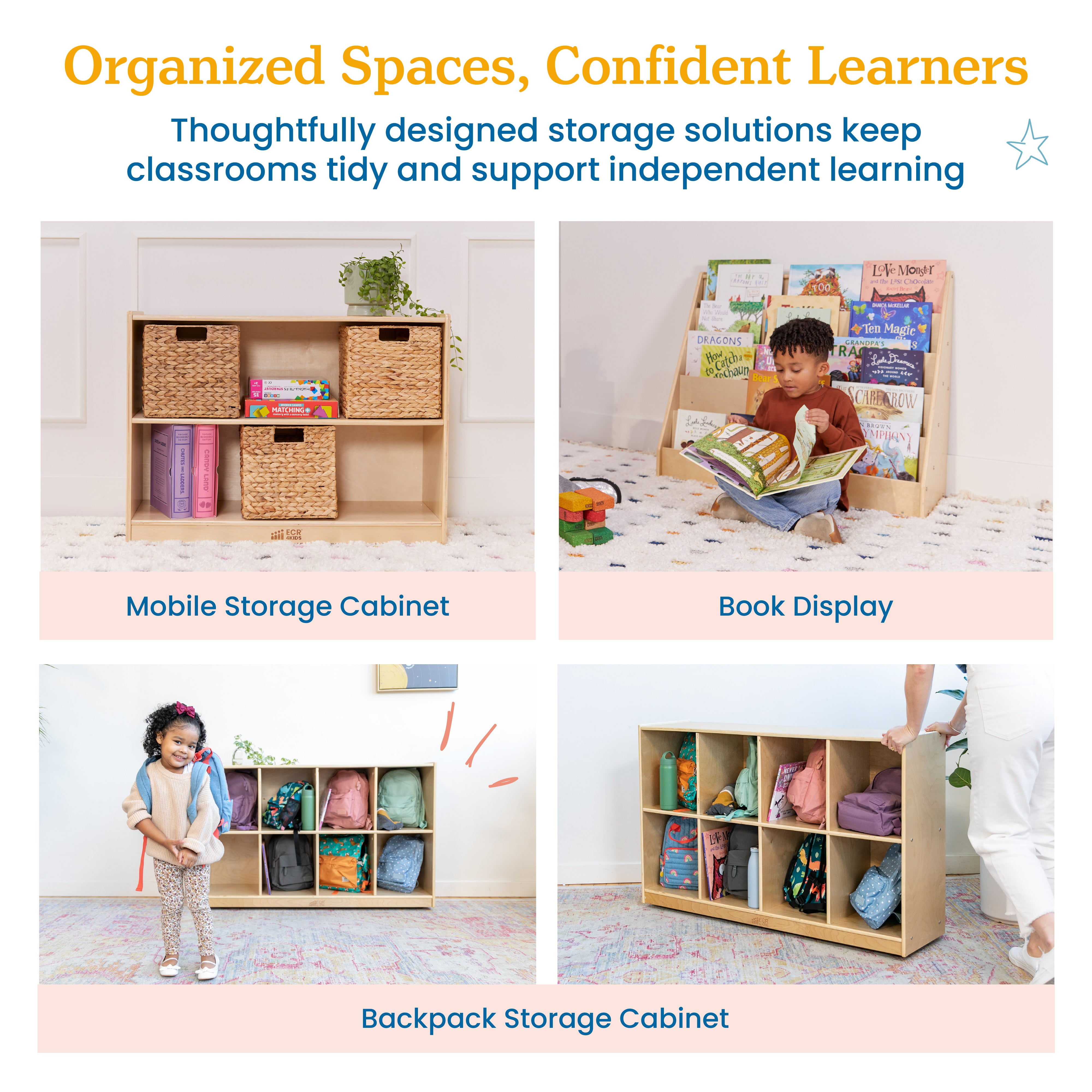 Preschool Classroom Organization Package with Book Display, Backpack Organizer and Storage Cabinet