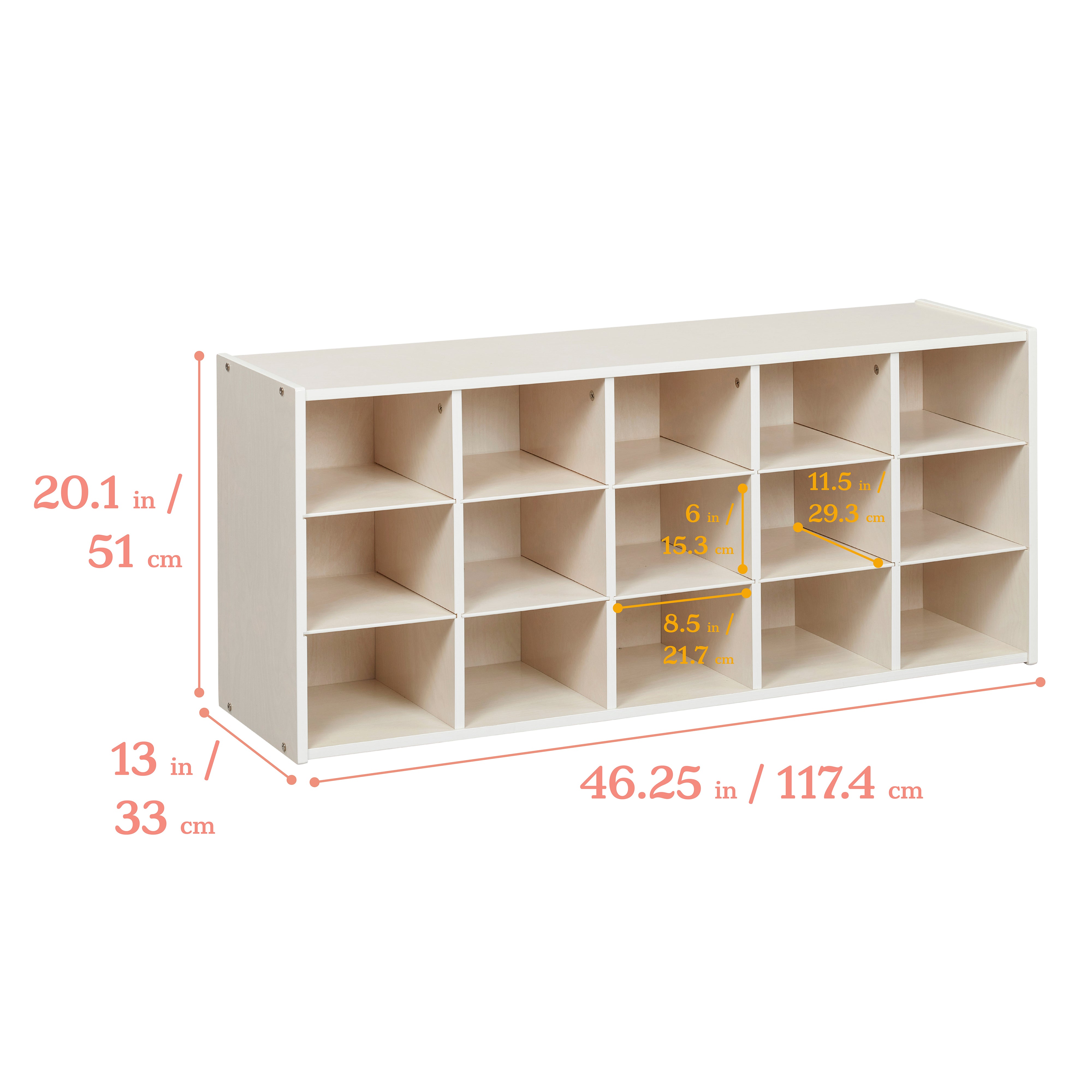 Streamline 15 Cubby Tray Cabinet with 15 Scoop Front Storage Bins, 3x5, White Wash