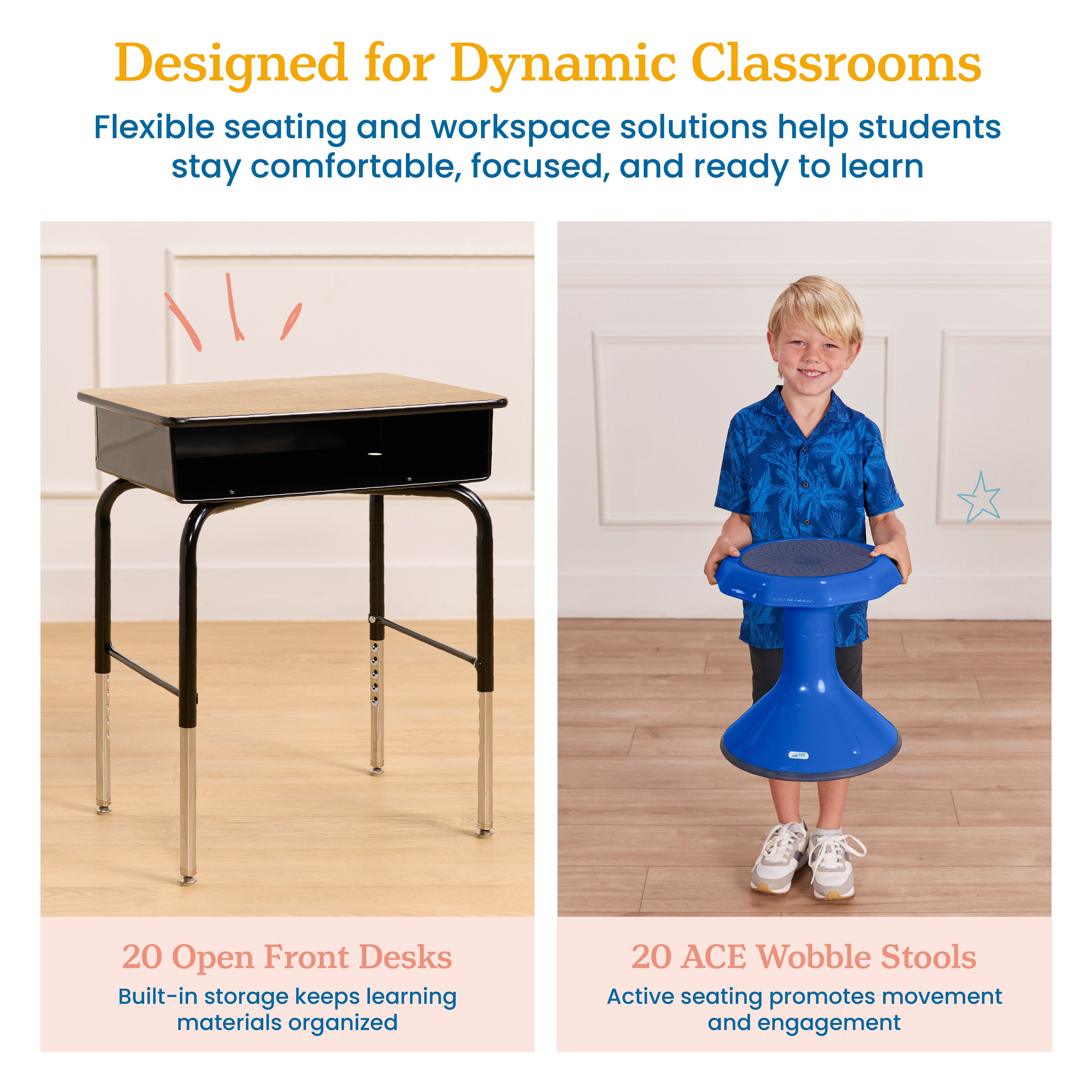 Classroom Package with Open Front Desks and ACE Stools