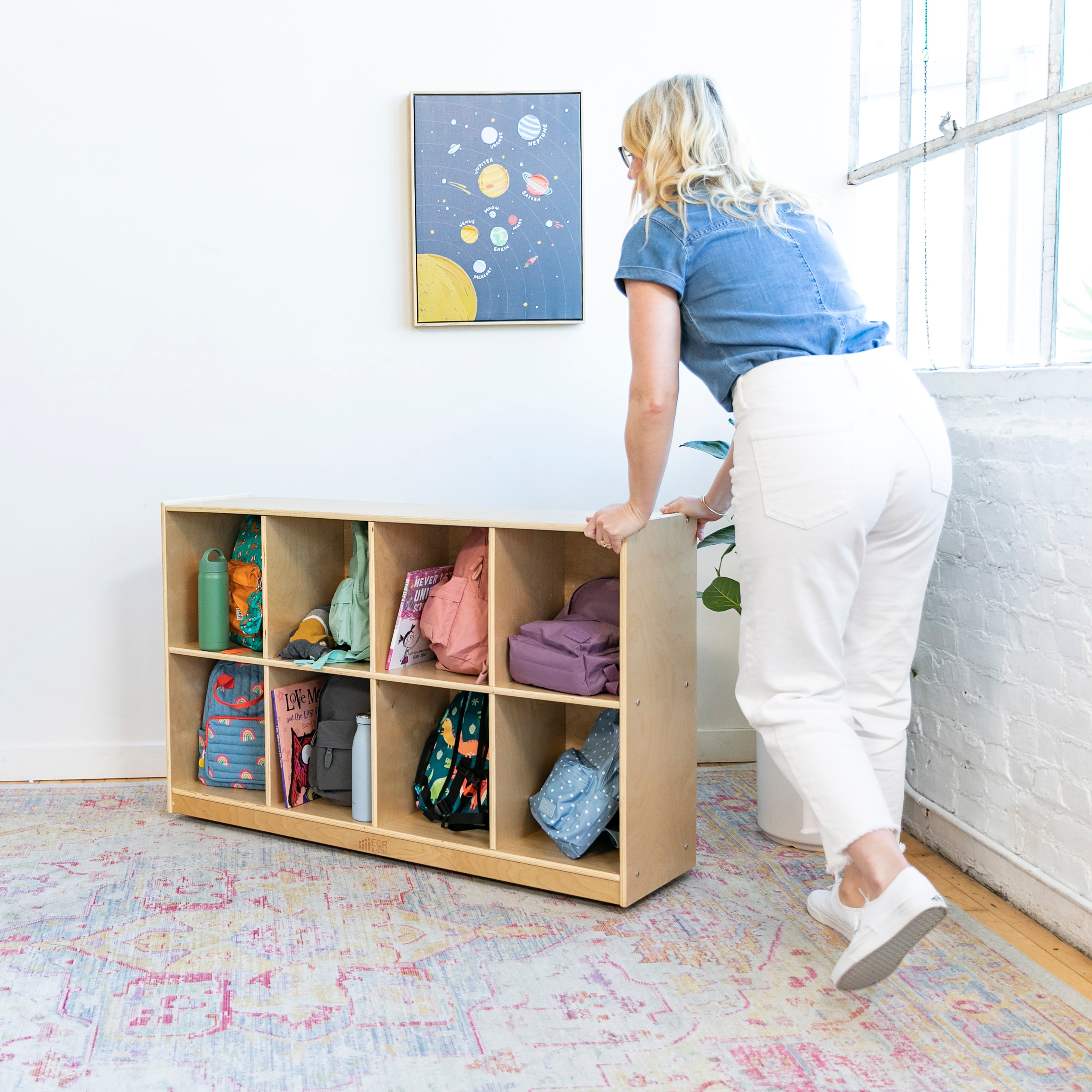Preschool Classroom Organization Package with Book Display, Backpack Organizer and Storage Cabinet