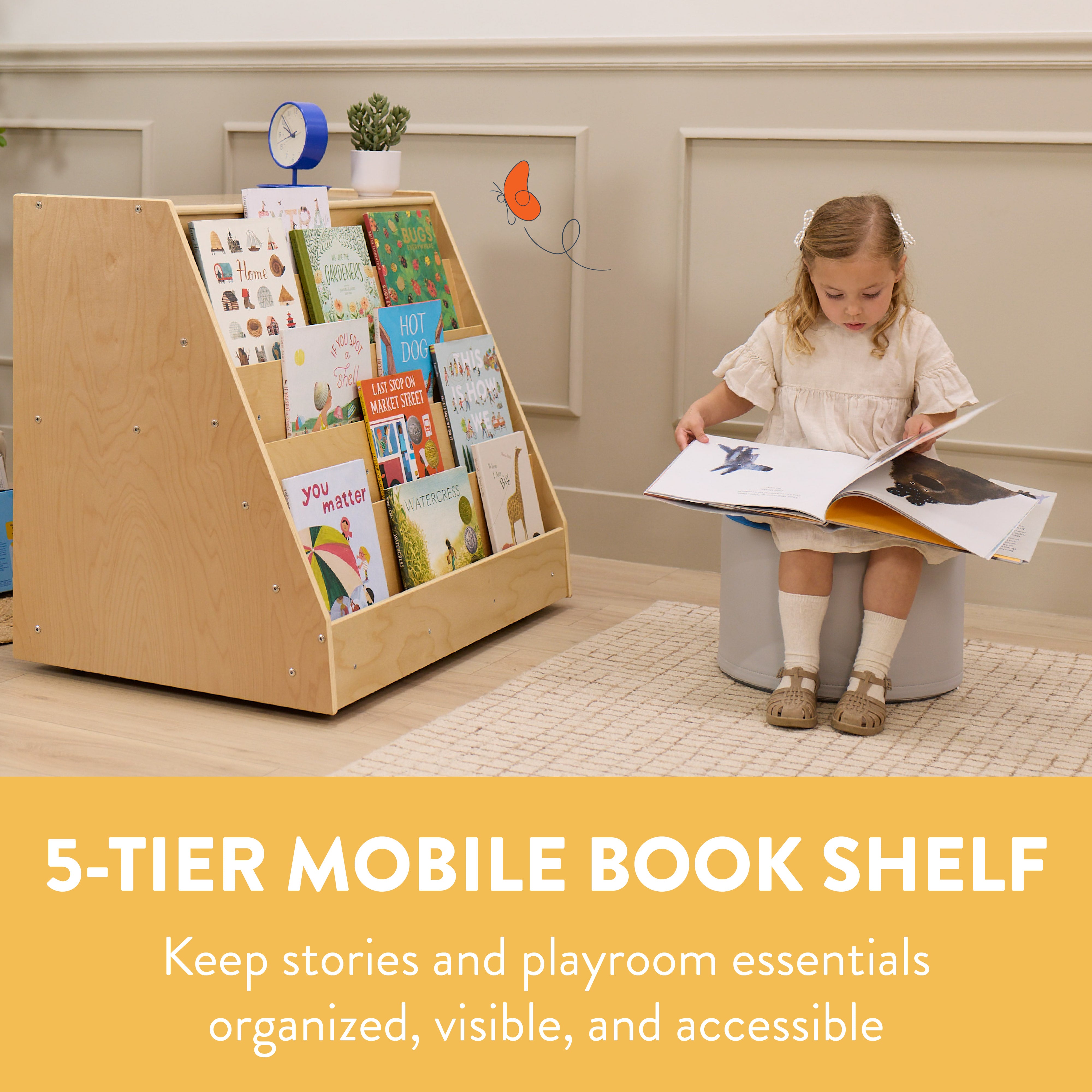 5-Tier Mobile Double-Sided Book Shelf with Storage