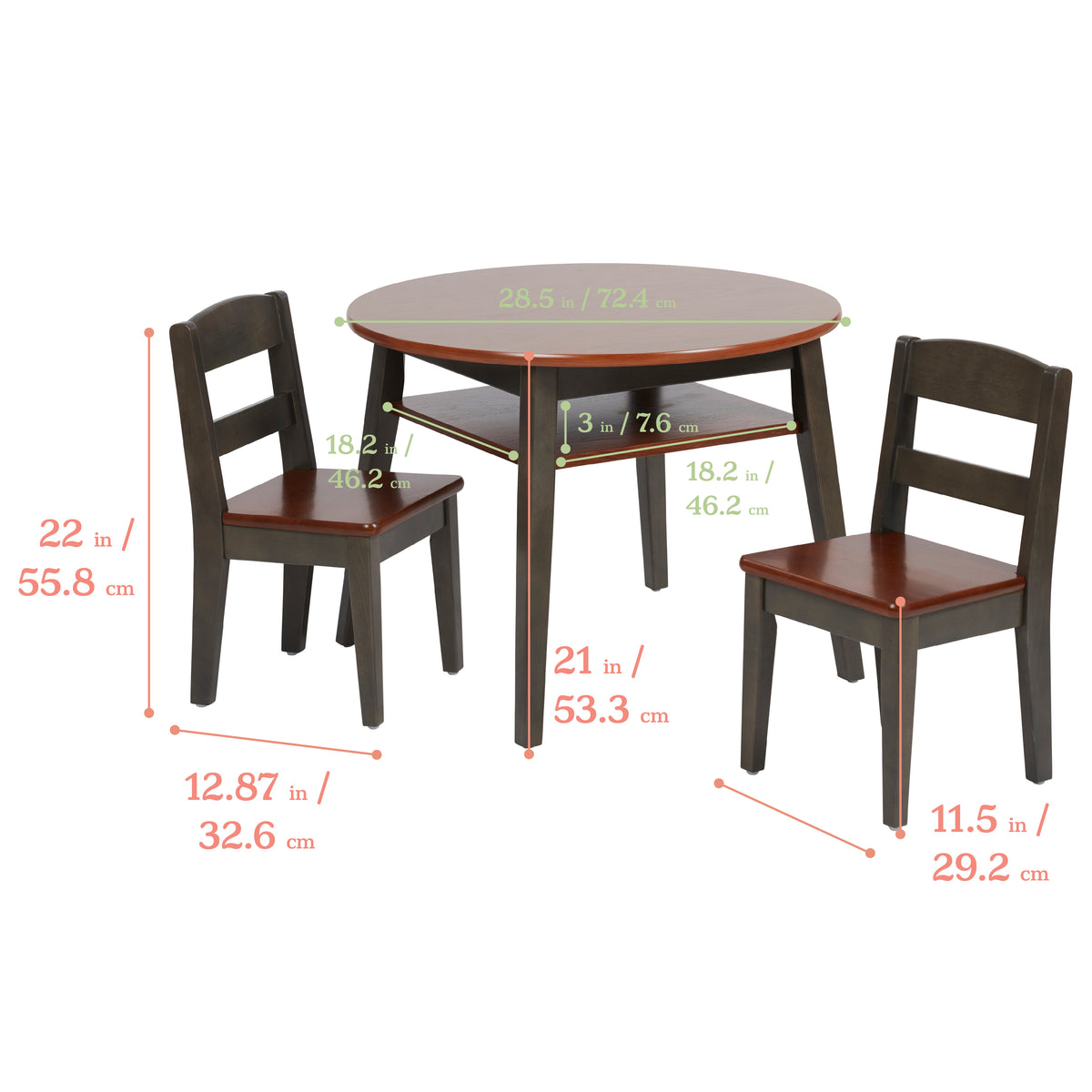 Round wood table with black legs and two matching chairs with ladder-back design and wood seats, shown with dimension measure