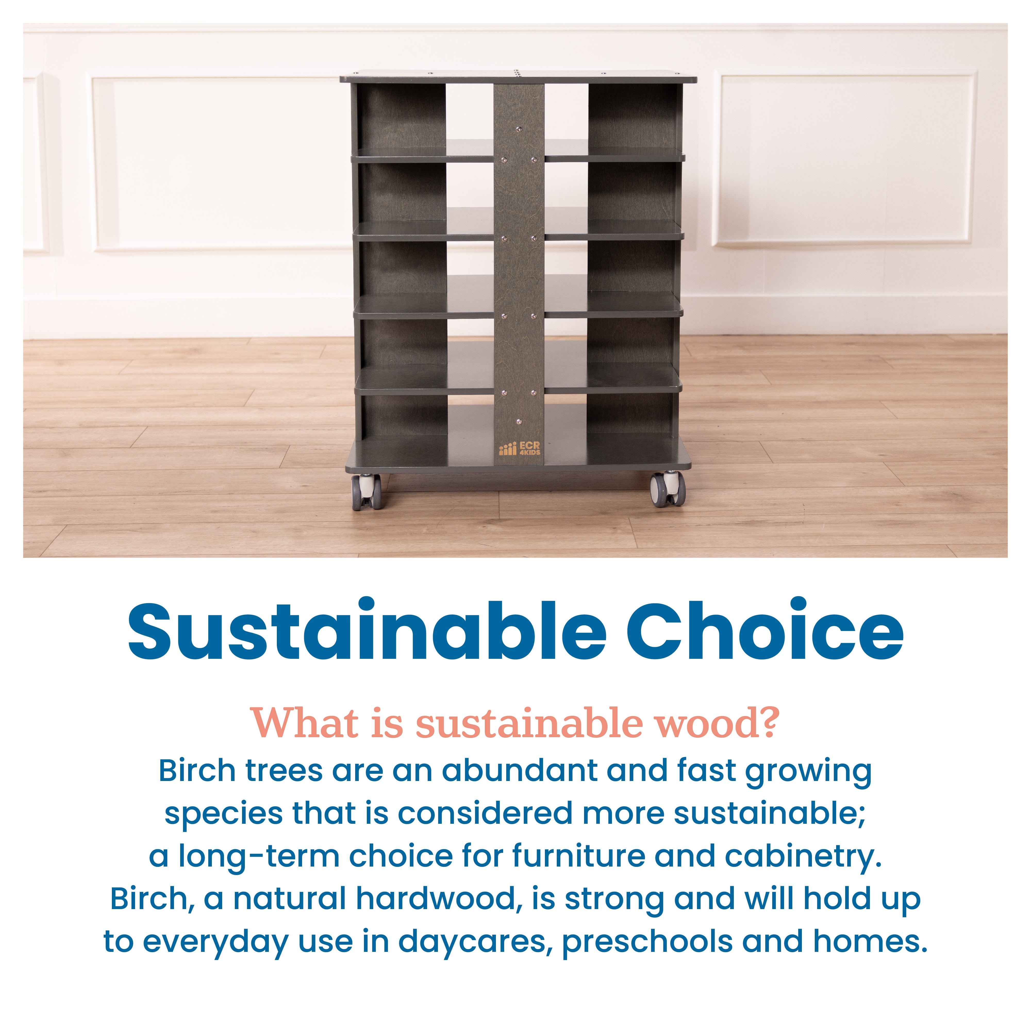 20-Compartment Mobile Storage Tower with Cubby Bins with Lids, 5x4, Grey Wash, Classroom Furniture