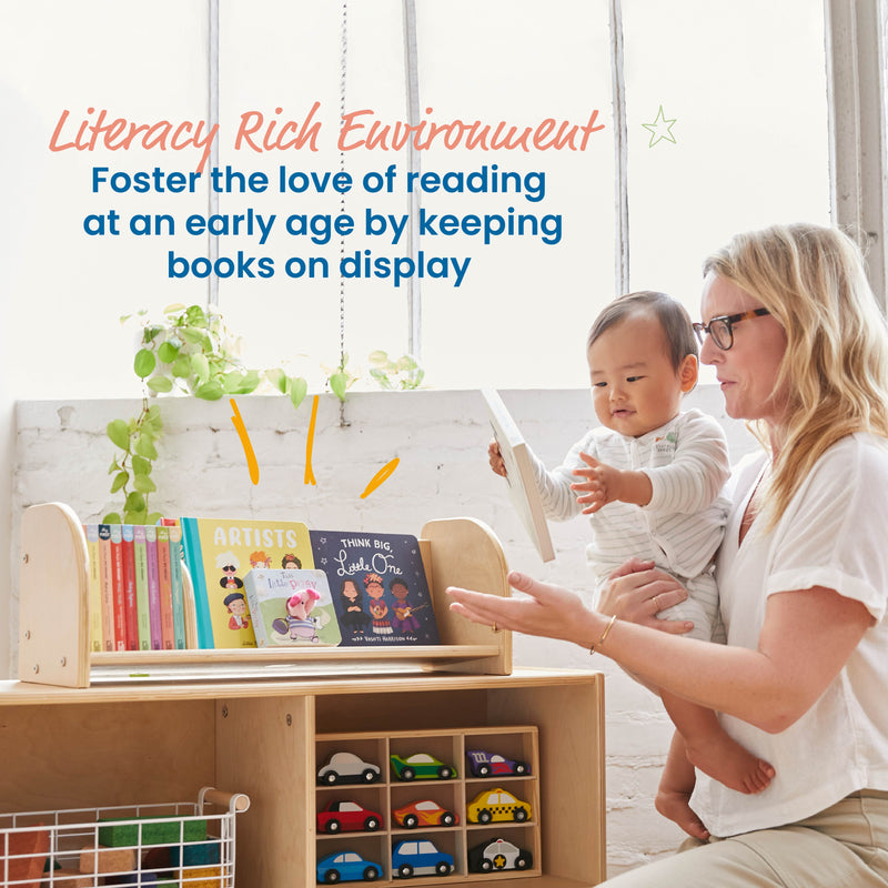 Tabletop Book Display, Library Storage Organizer with Adjustable Book Stop
