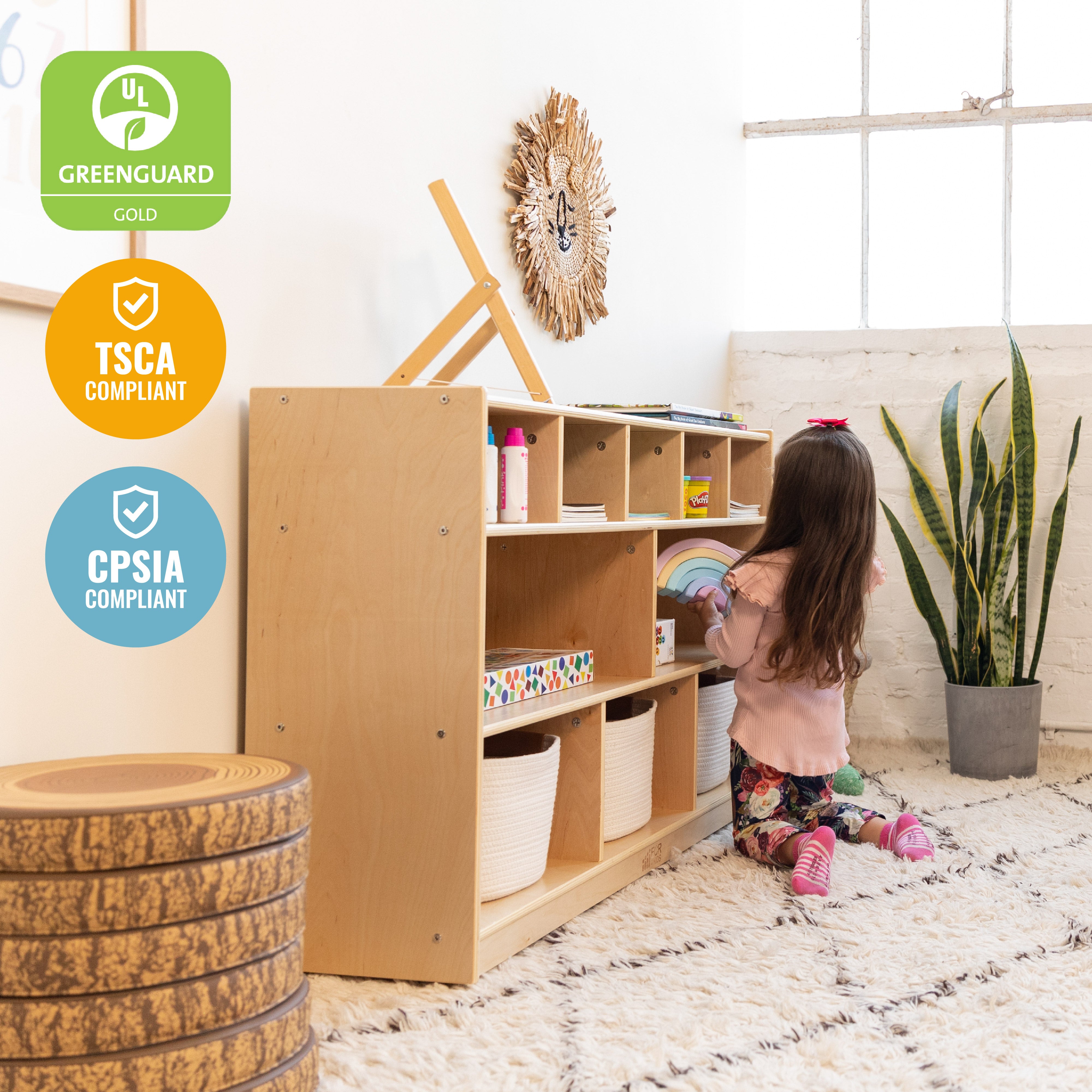 5+5 Compartment Storage and Tray Cabinet with 5 Scoop Front Bins, Natural