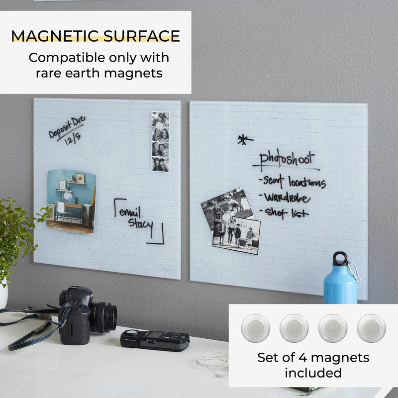 Magnetic Dry-Erase Glass Board with Magnets, 17.5in x 17.5in, Wall-Mounted Whiteboard, 2-Pack