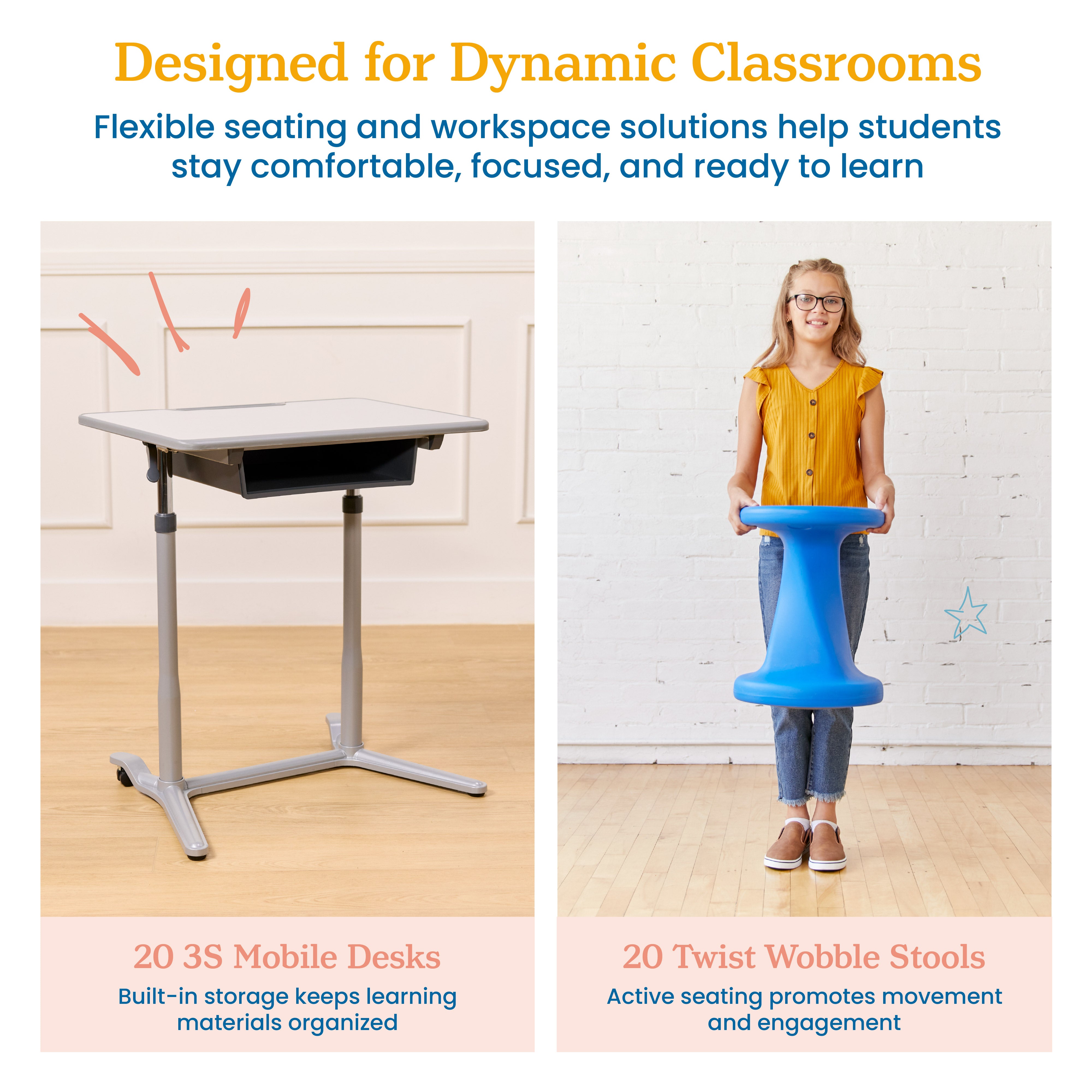 Flexible Classroom Package with 3S Mobile Desks and Twist Stools