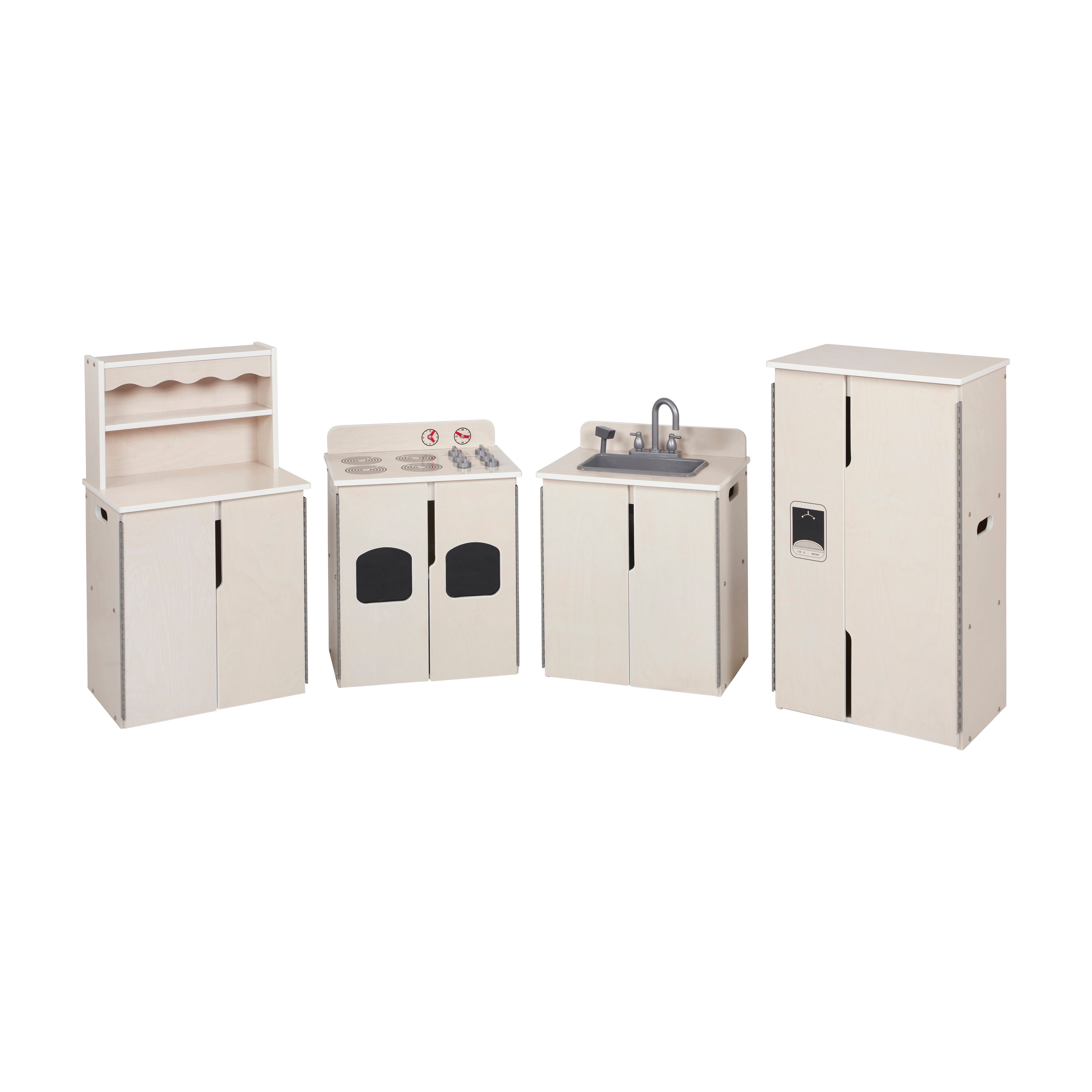 Kitchen Cupboard, Stove, Sink, and Refrigerator for Kids, Wooden, 4-Piece