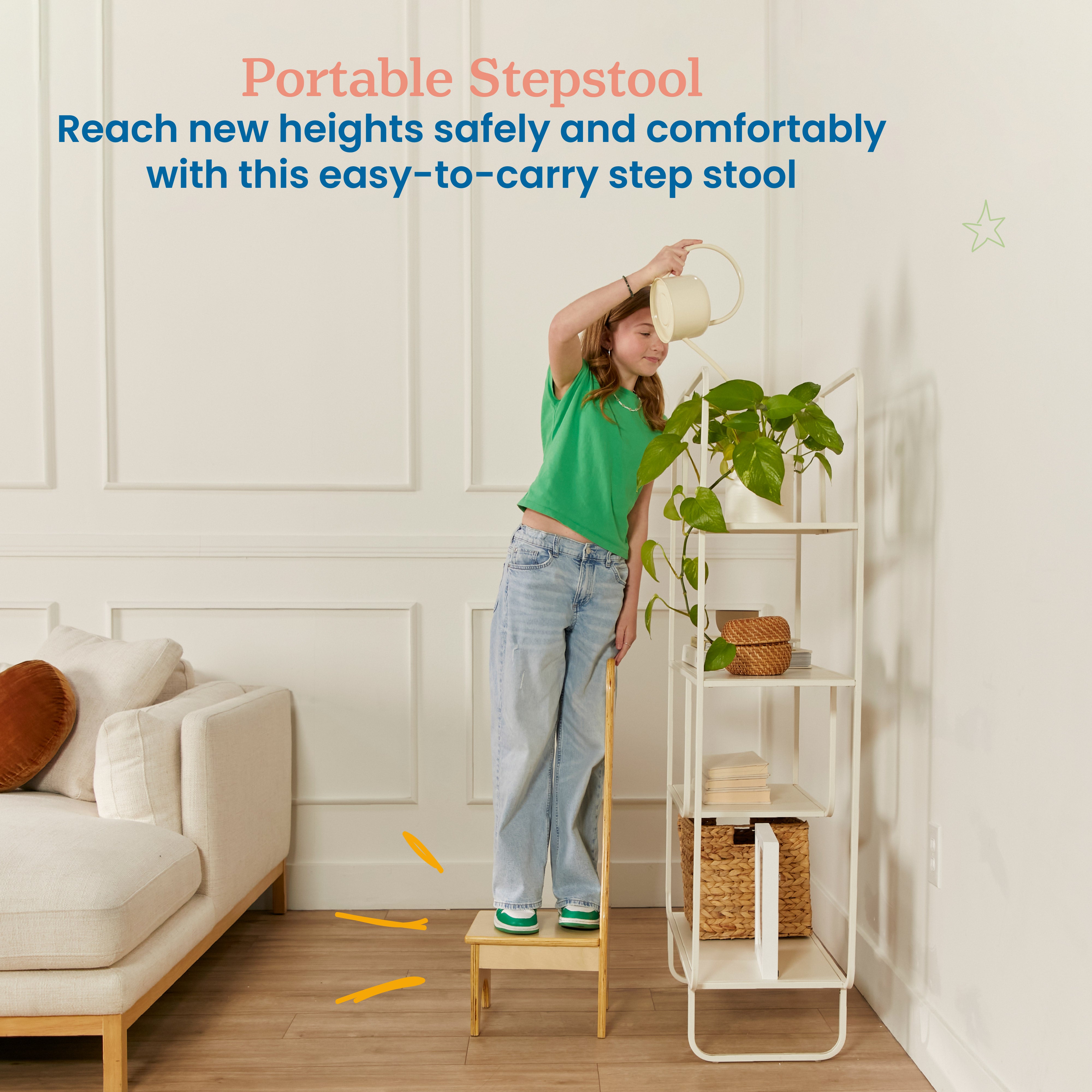 Stepstool with Long Handle, One Step, Natural