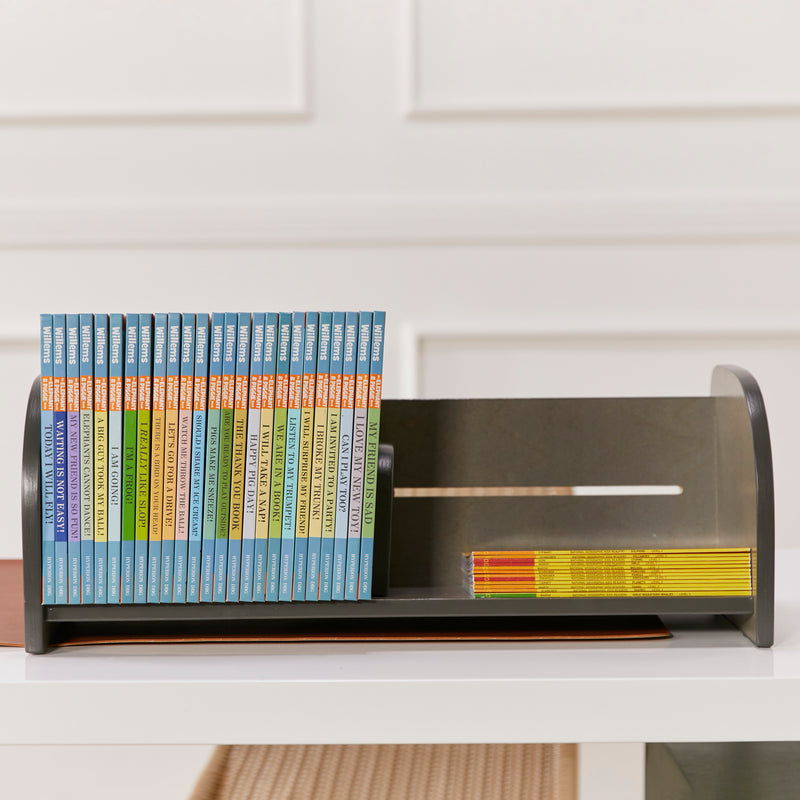 Tabletop Book Display, Library Storage Organizer with Adjustable Book Stop