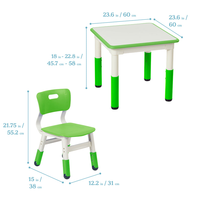 Square Dry-Erase Activity Table and 2 Adjustable Height Plastic Chairs, 3-Piece