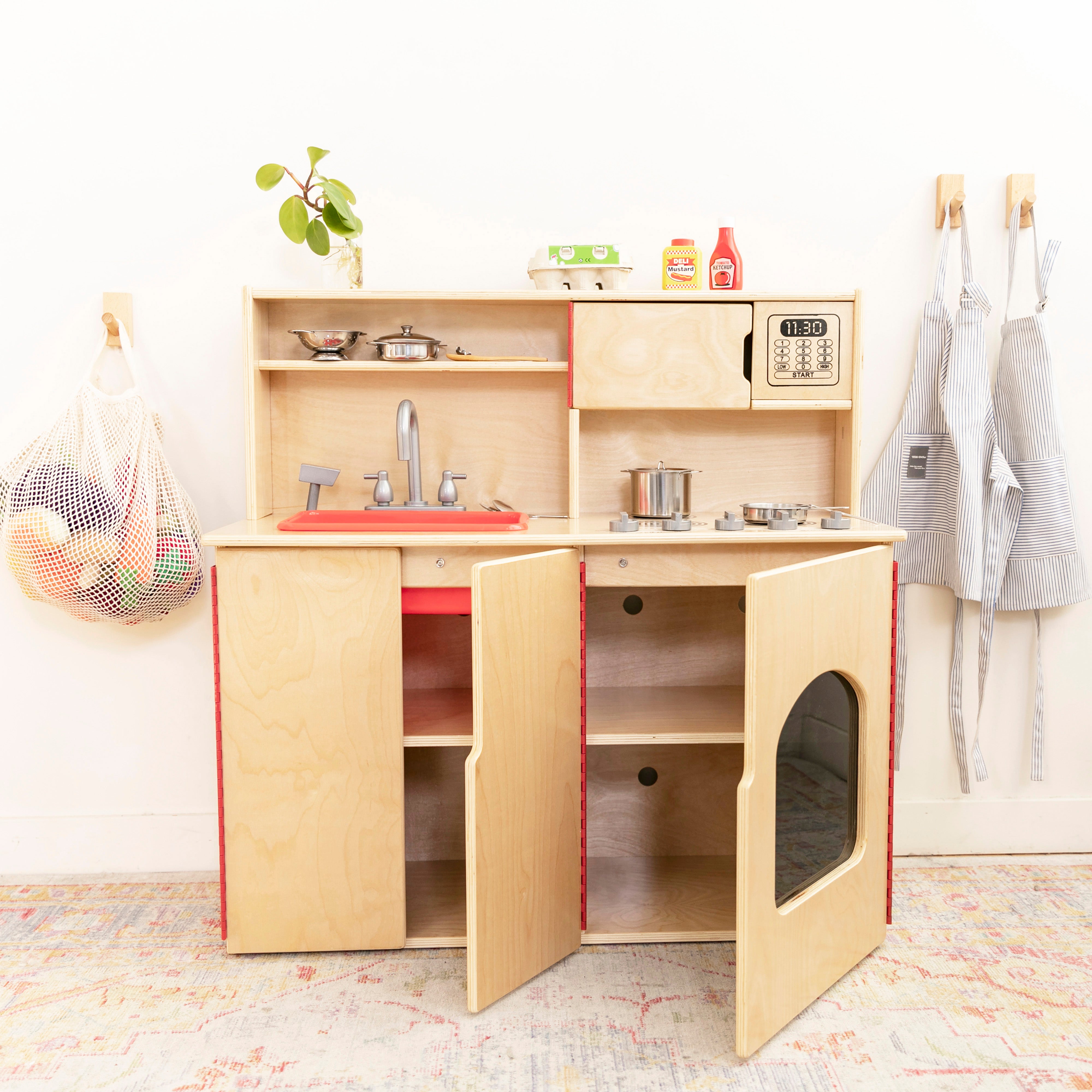 Preschool Dramatic Play Center with Play Kitchen, Dress Up Carousel, Storage Cabinet and Collaboration Table