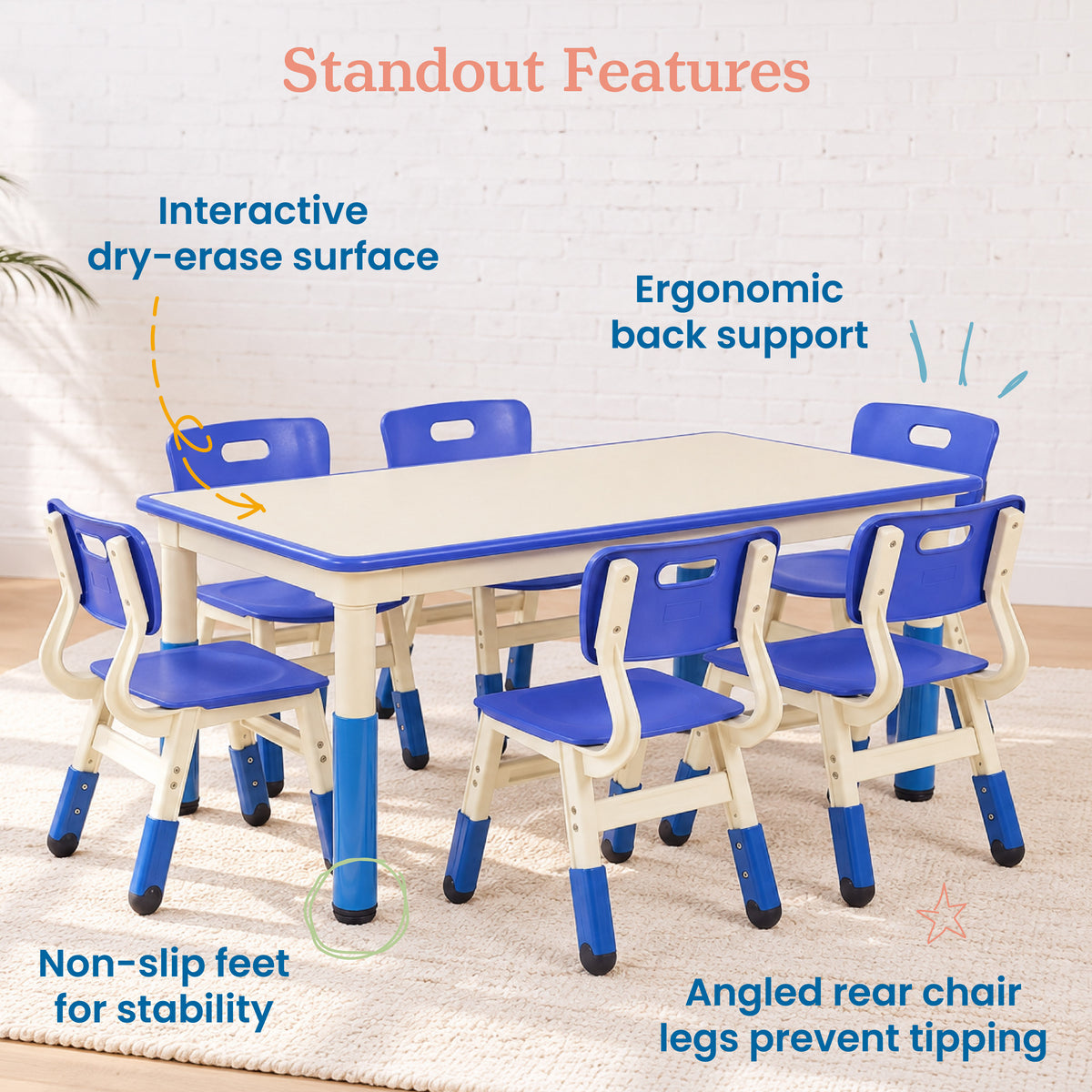 Dry-Erase Rectangular Activity Table with Six Chairs, 7-Piece