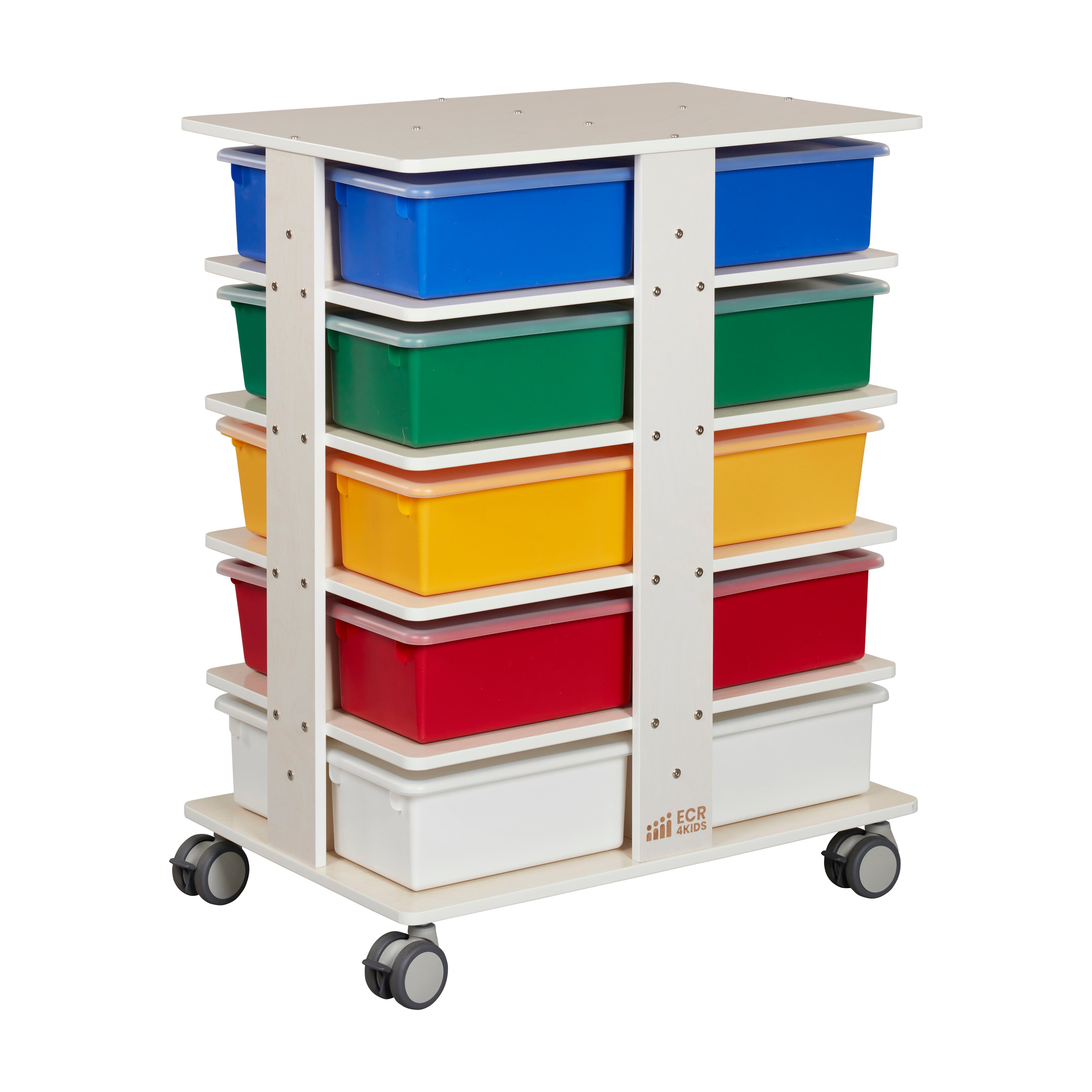 20-Compartment Mobile Storage Tower with Cubby Bins with Lids, 5x4, White Wash, Classroom Furniture