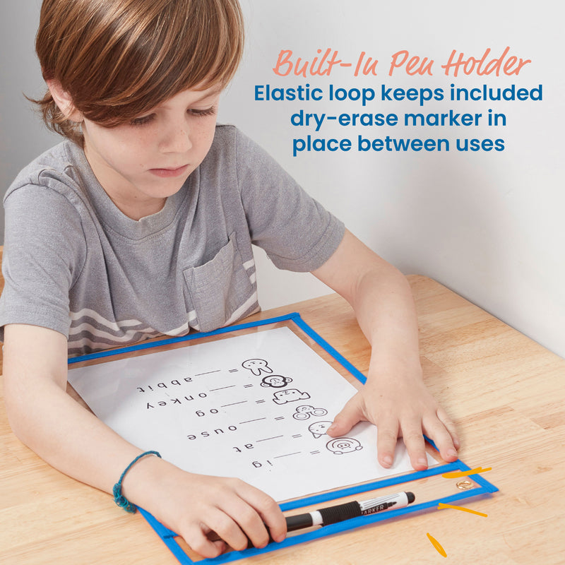 Dry-Erase Pockets with Markers, Reusable Sleeves, 10-Piece