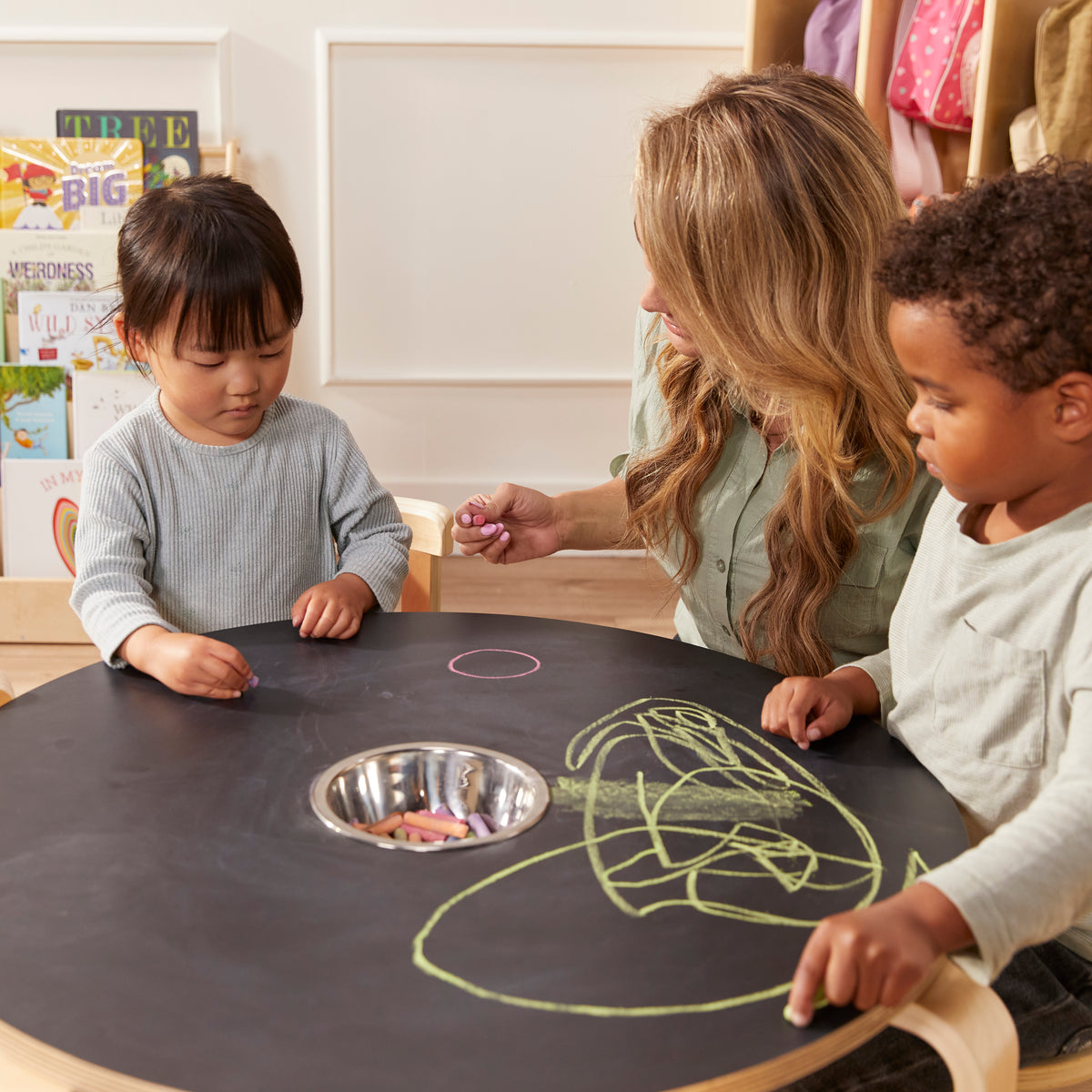 Round Bentwood Chalkboard Table and Curved Back Chair Set, 5-Piece