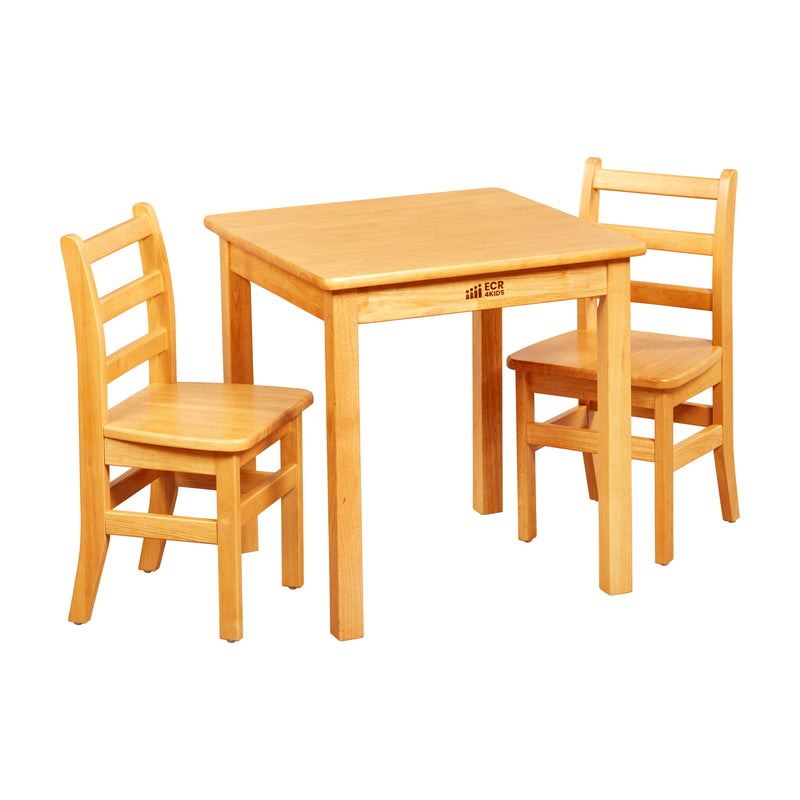 24in x 24in Square Hardwood Table with 24in Legs and Two 14in Chairs, Kids Furniture
