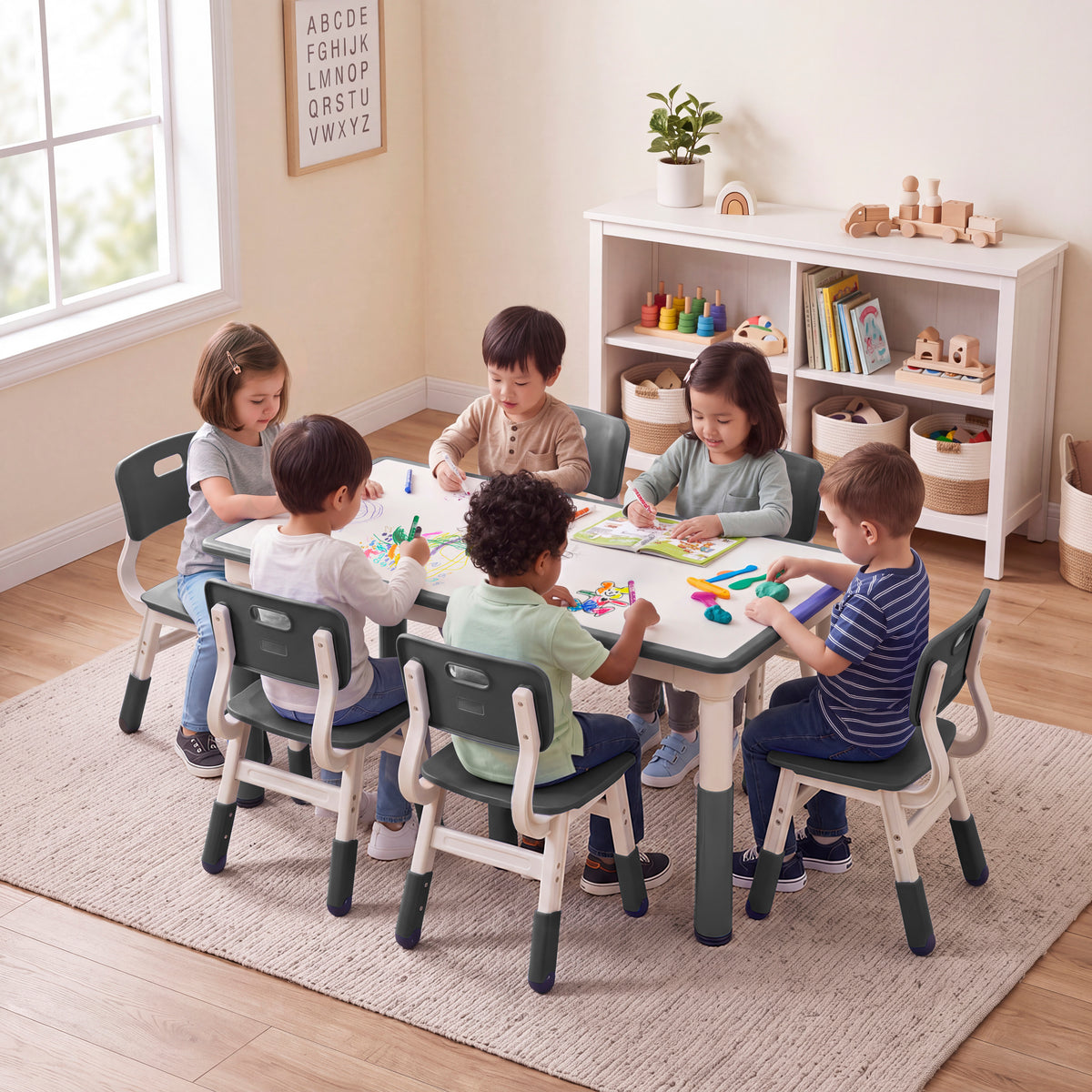 Dry-Erase Rectangular Activity Table with Six Chairs, 7-Piece