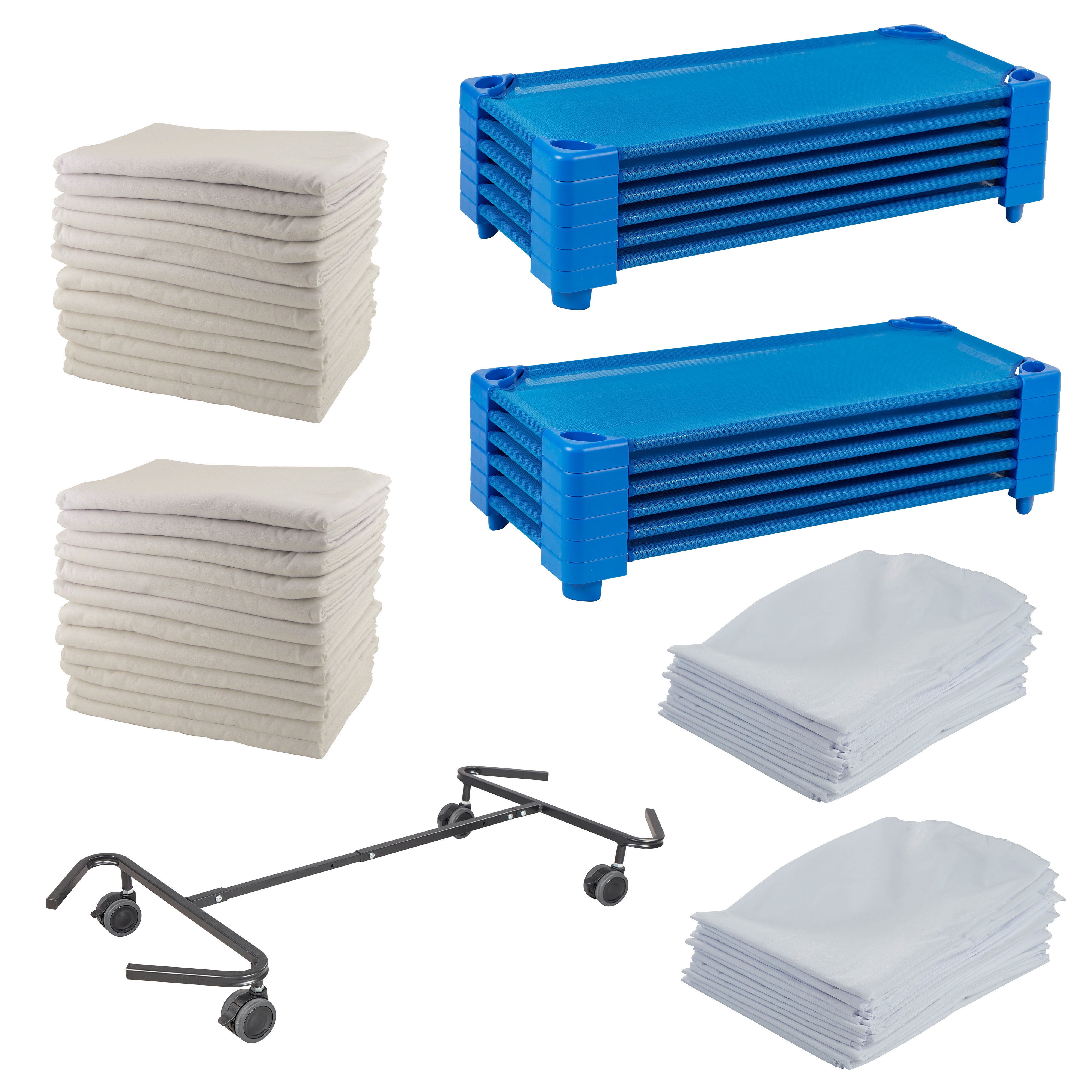 Preschool Rest & Recharge Package with Standard Stackable Kiddie Cots, Sheets, Blankets and Cot Trolley