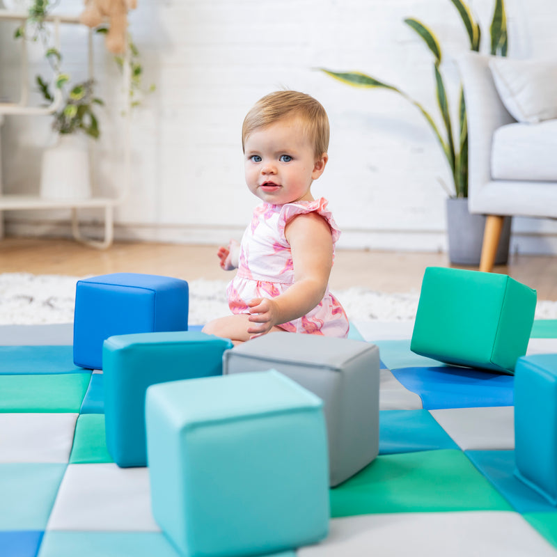 Patchwork Toddler Activity Mat and 12 Stacking Block Set, Tummy Time Foam Pad and Building Blocks