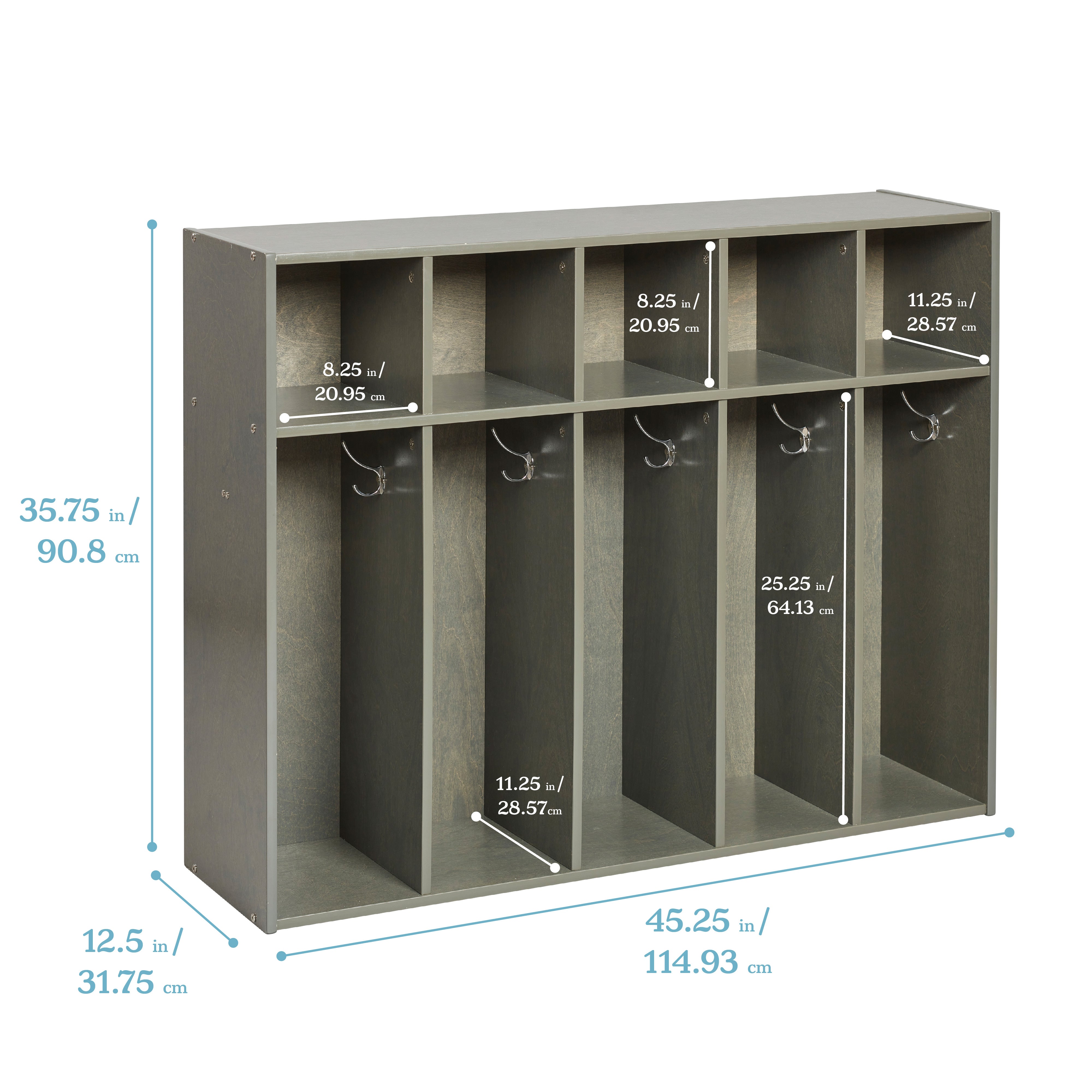 Streamline 5-Section Coat Locker with Scoop Front Storage Bins, Toddler Size, Grey Wash