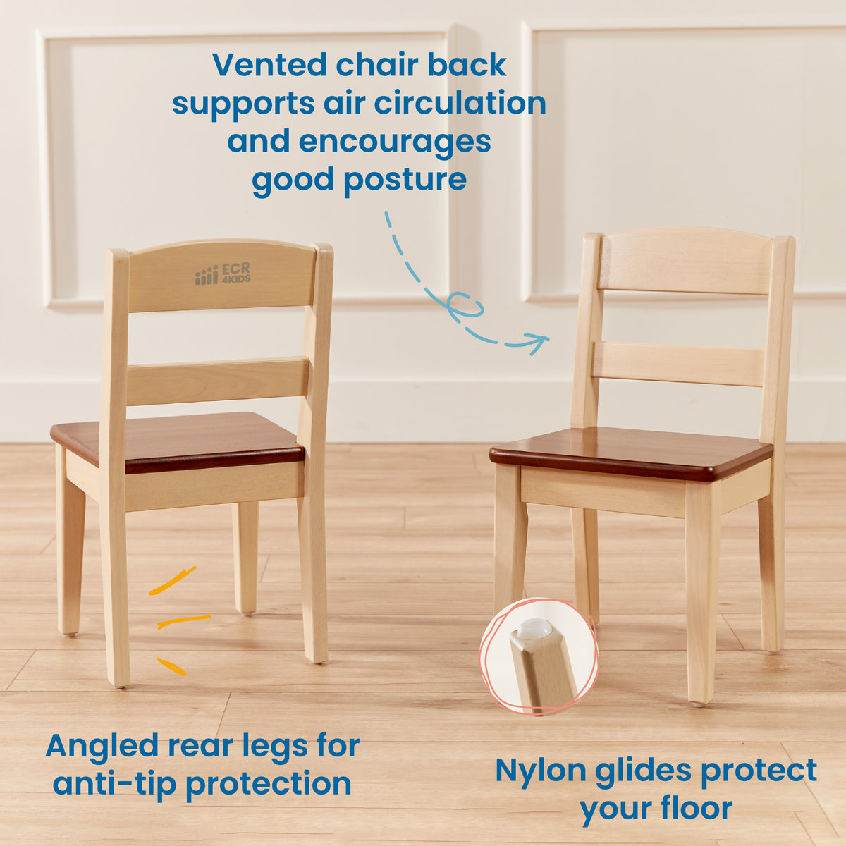 Two wooden chairs with slatted backs and burgundy seats on a wood floor, showing ventilation and safety features.