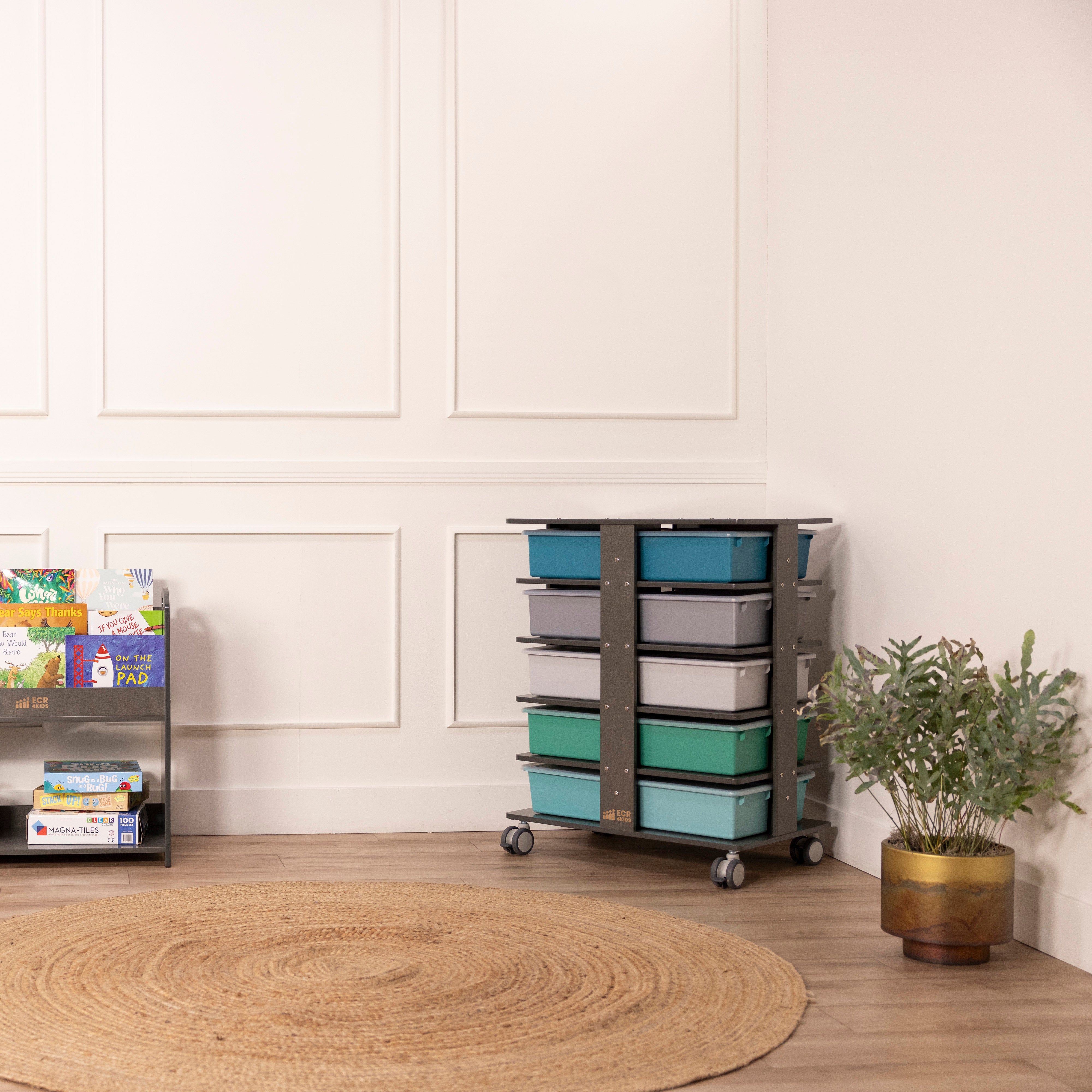 20-Compartment Mobile Storage Tower with Cubby Bins with Lids, 5x4, Grey Wash, Classroom Furniture