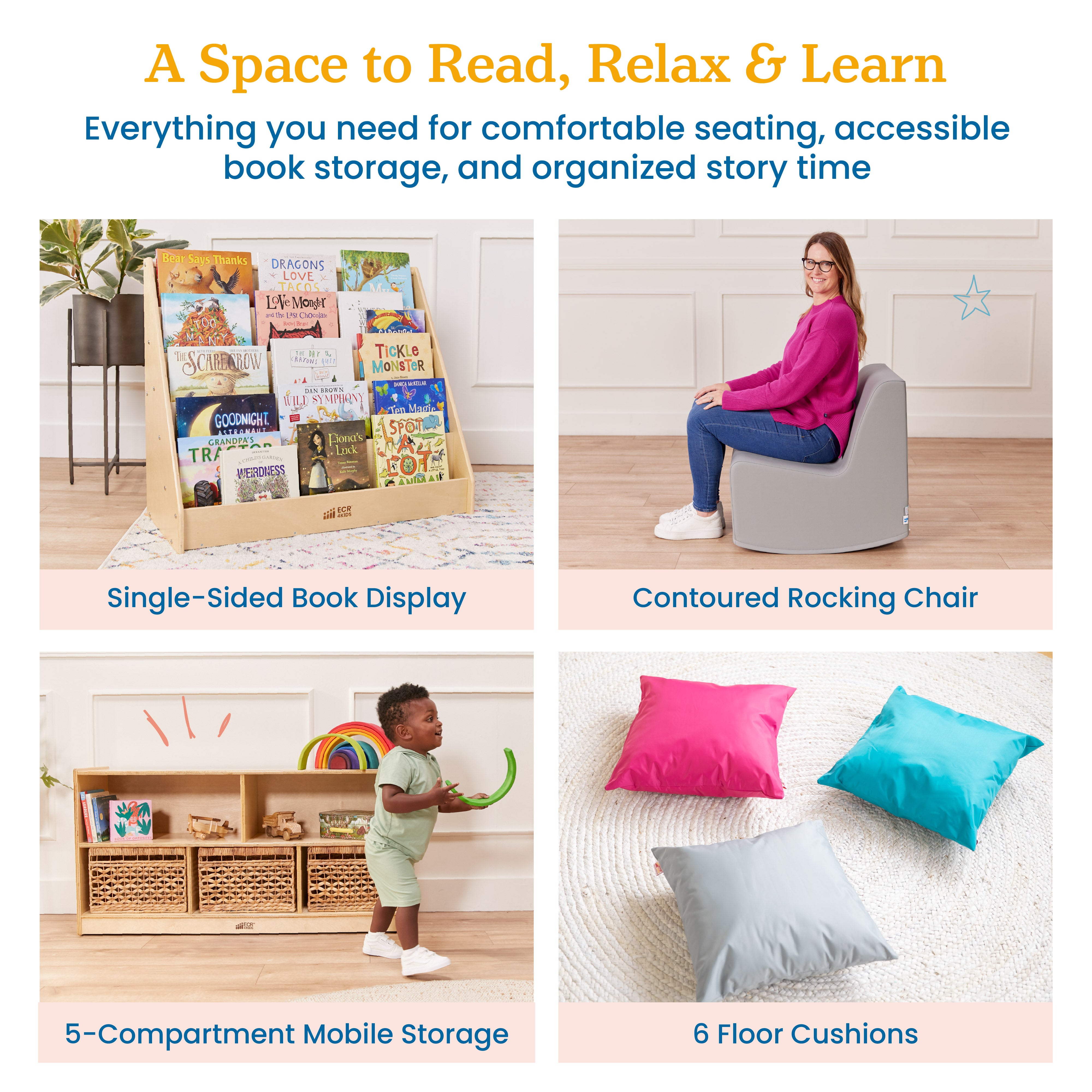 Toddler Cozy Reading Corner Package with Floor Pillows, Book Display, Storage Cabinet and Rocking Chair