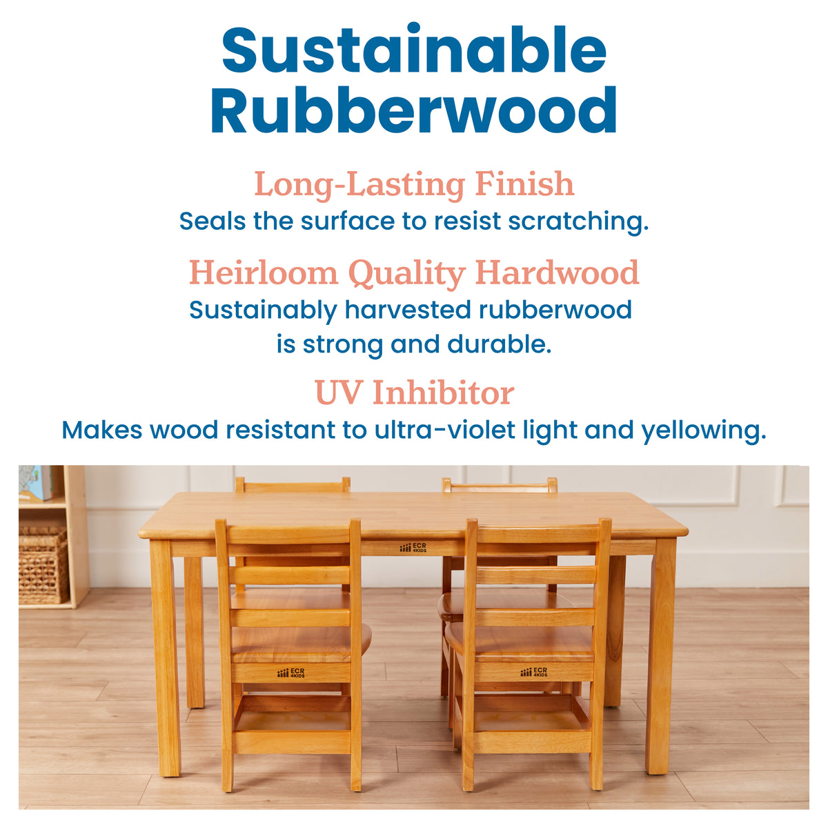 24in x 48in Rectangular Hardwood Table and Four Chairs with Storage, 12in Seat Height, 5-Piece
