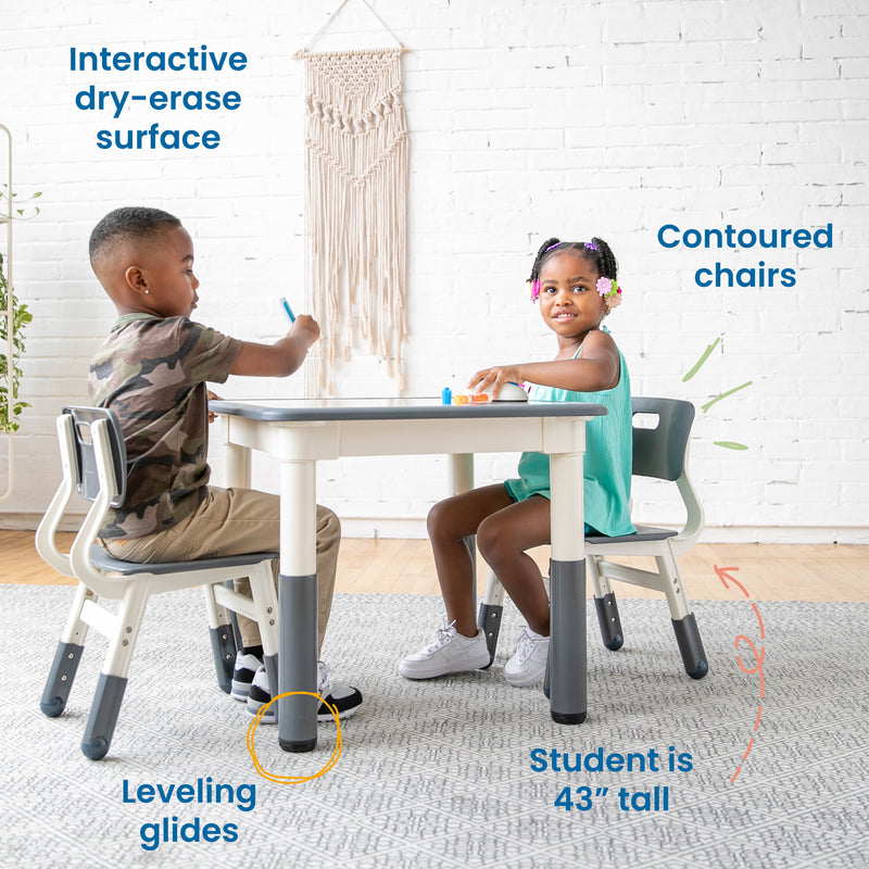 Square Dry-Erase Activity Table and 2 Adjustable Height Plastic Chairs, 3-Piece