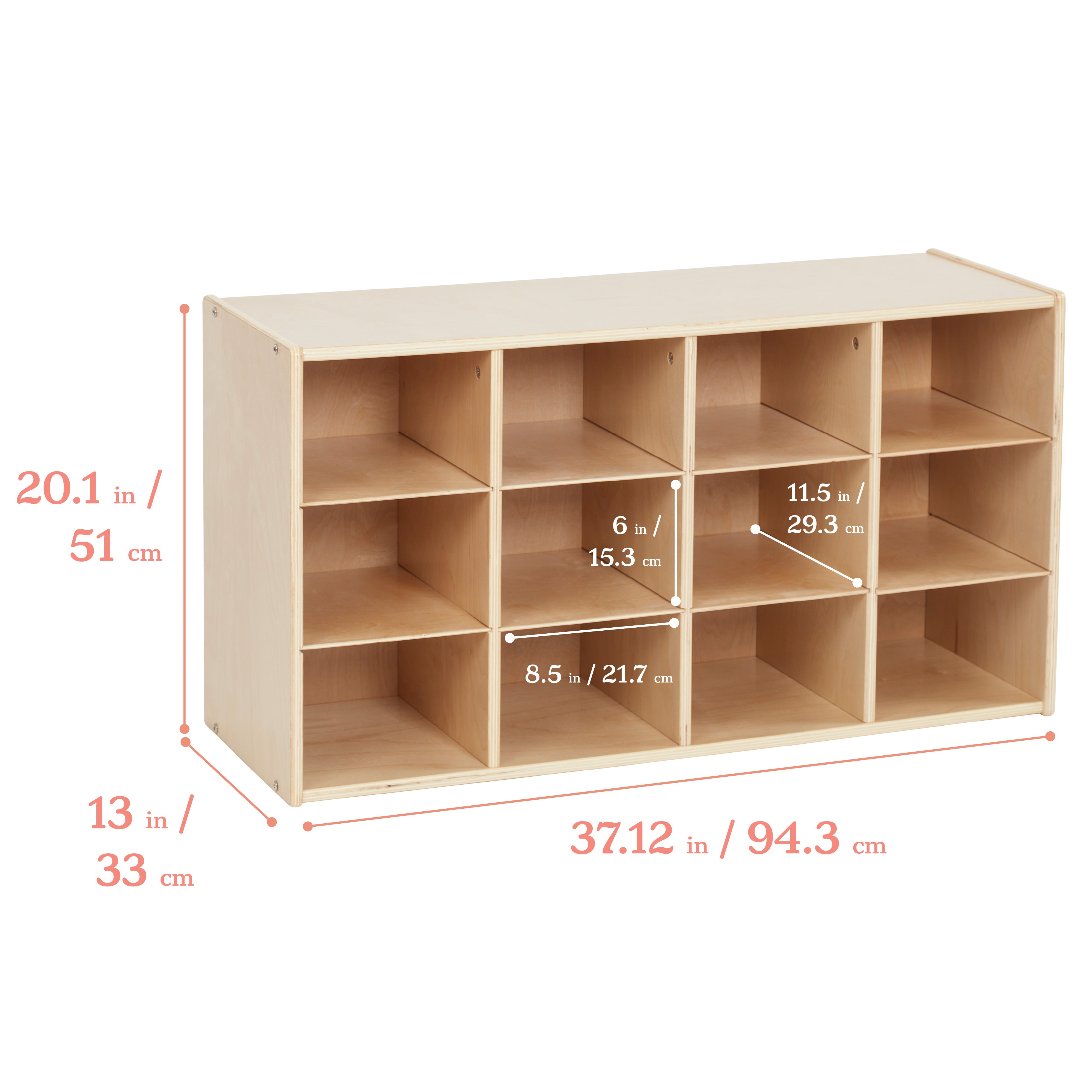 Streamline 12 Cubby Tray Cabinet with 15 Scoop Front Storage Bins, 3x4, Natural