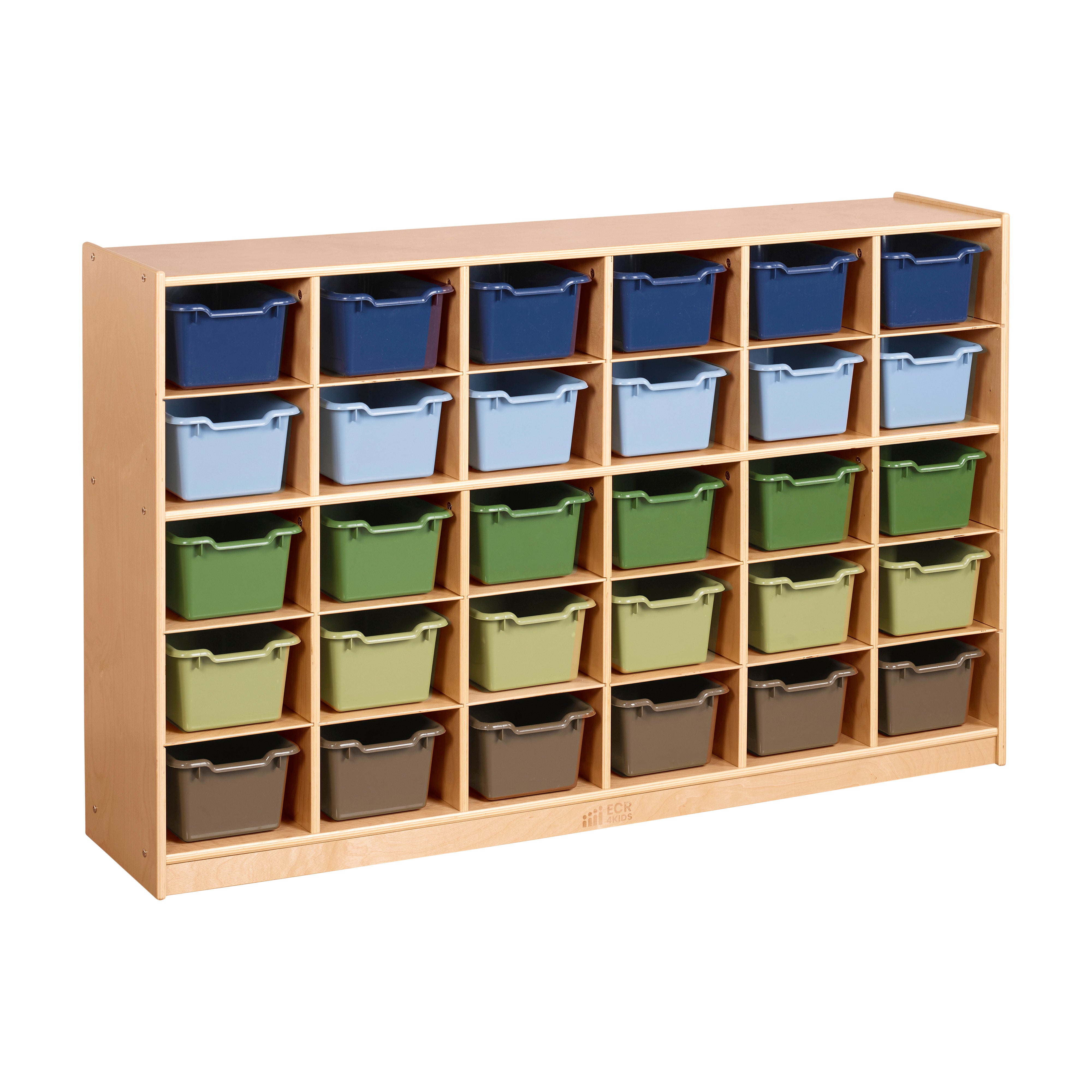 30 Cubby Mobile Tray Cabinet with 30 Scoop Front Storage Bins, 5x6, Natural