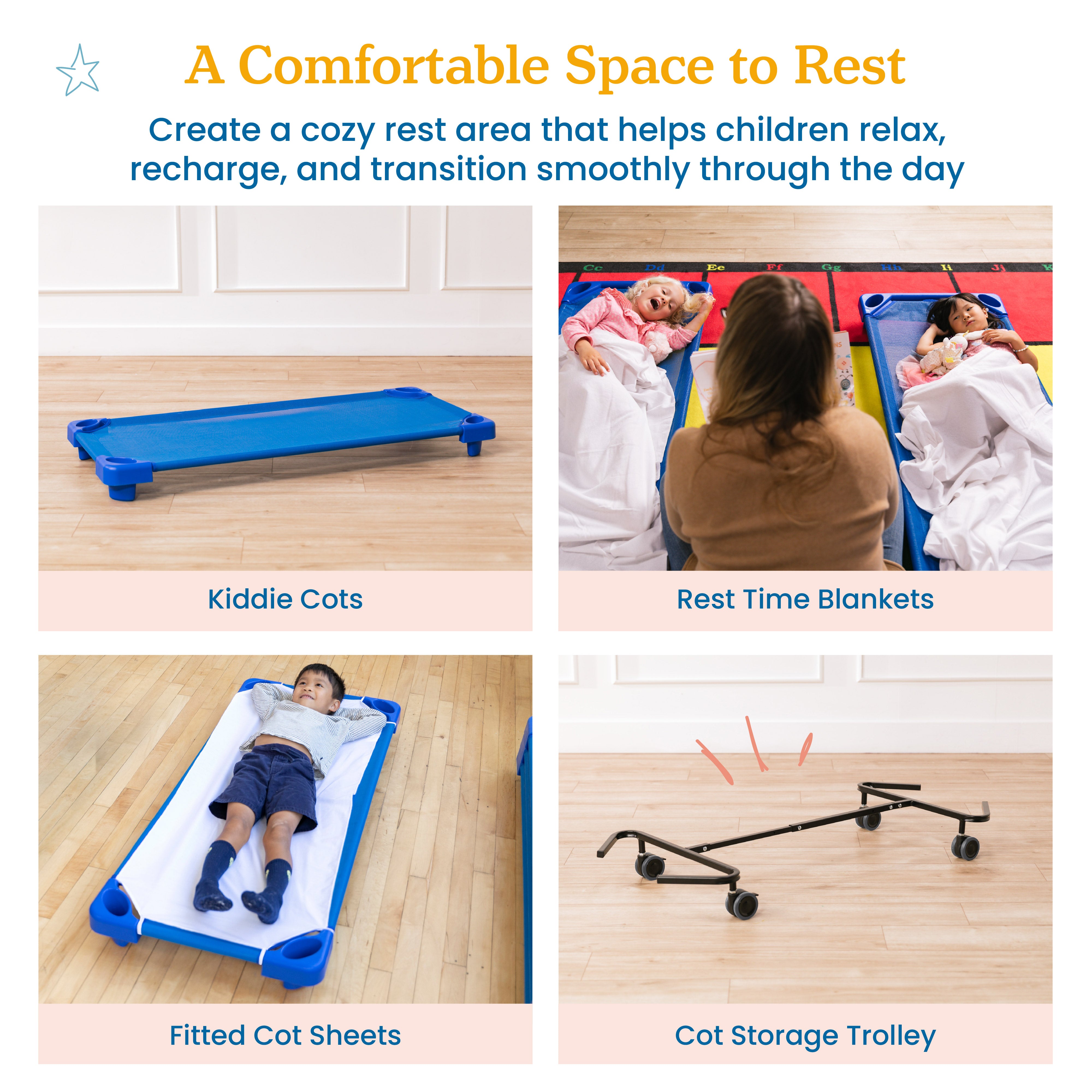 Preschool Rest & Recharge Package with Standard Stackable Kiddie Cots, Sheets, Blankets and Cot Trolley