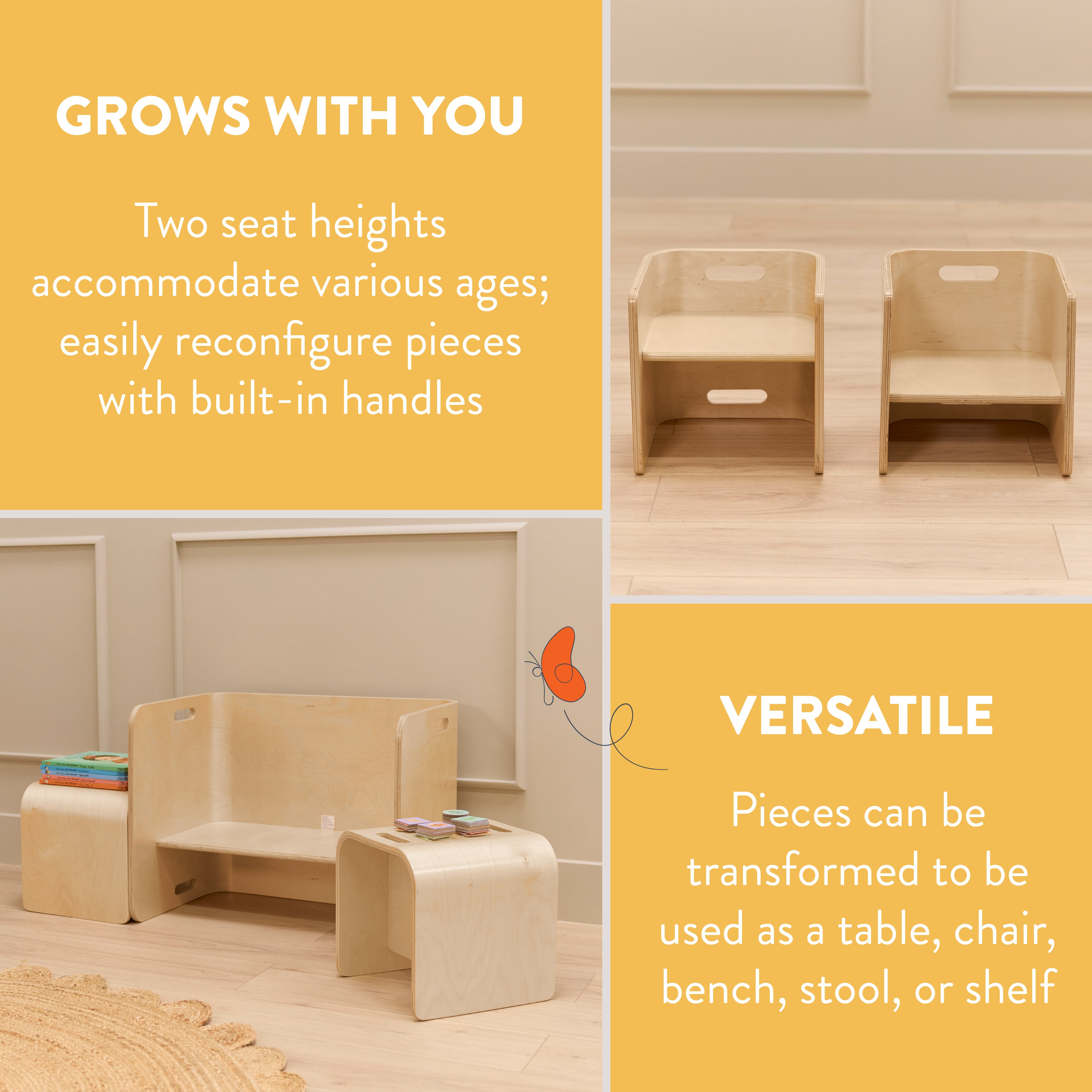Bentwood Adaptable Kids Table and Chairs Set, 3-Piece