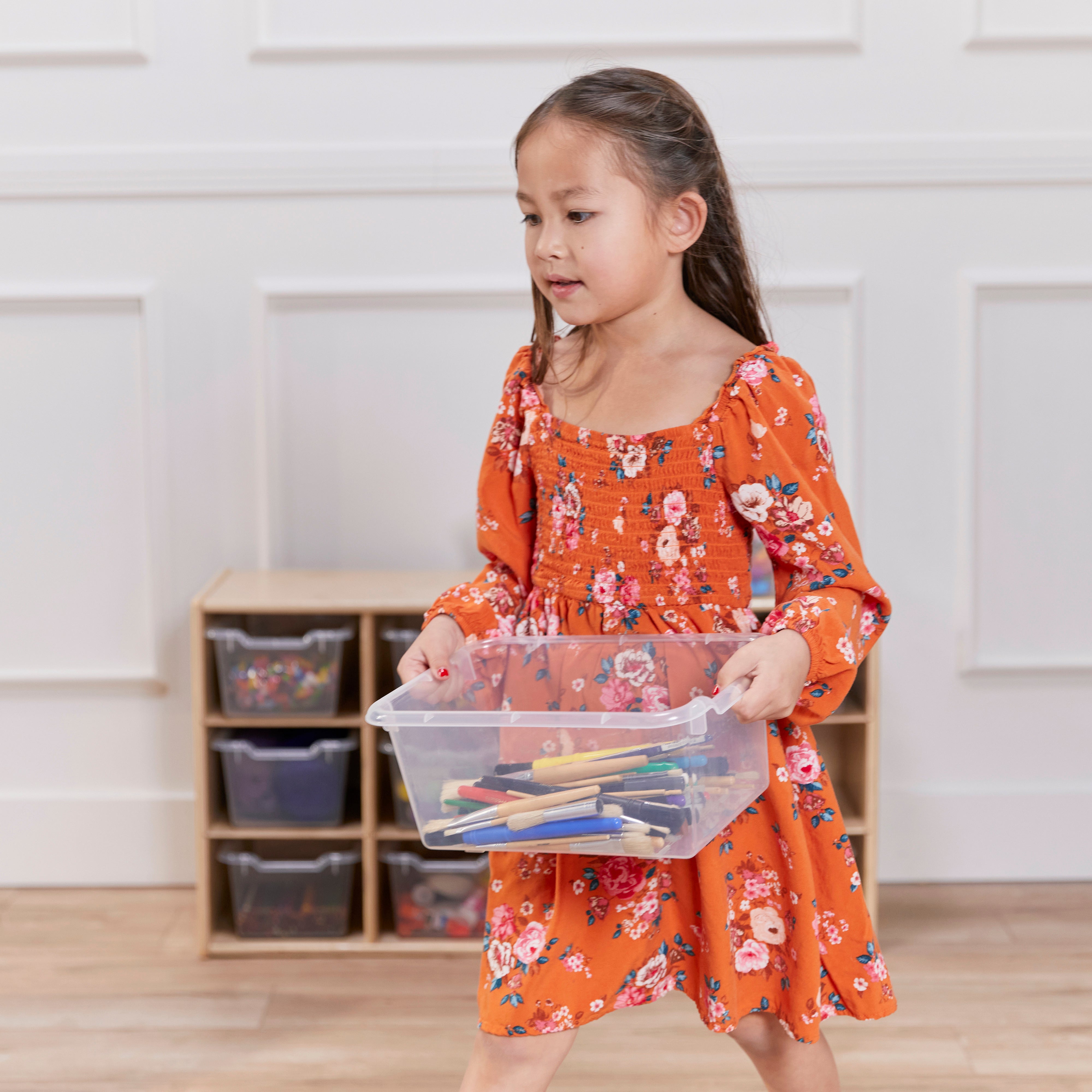 Streamline 12 Cubby Tray Cabinet with 15 Scoop Front Storage Bins, 3x4, Natural