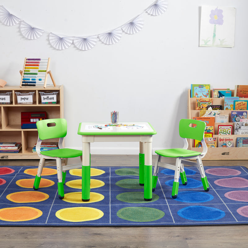 Square Dry-Erase Activity Table and 2 Adjustable Height Plastic Chairs, 3-Piece