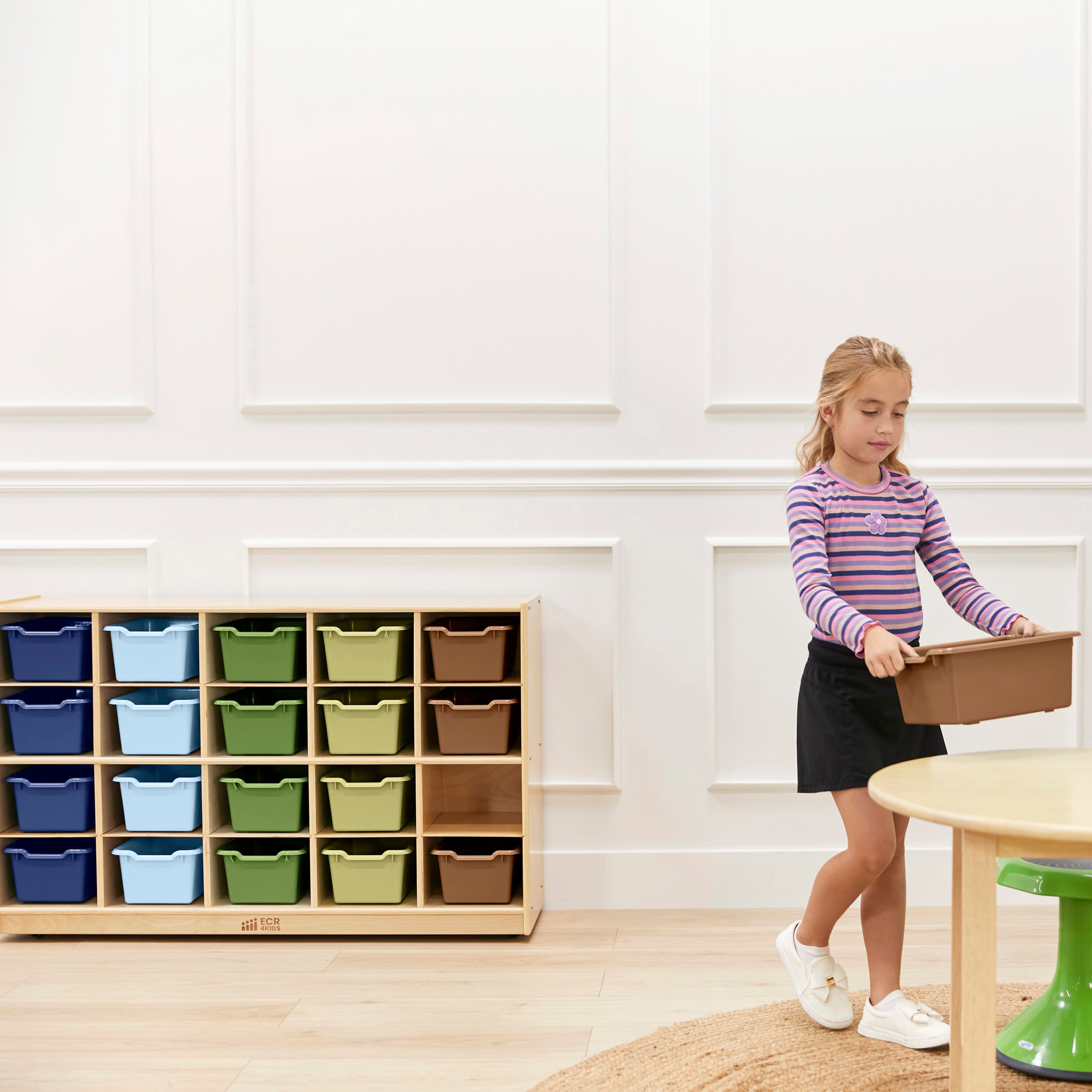 20 Cubby Tray Cabinet with Scoop Front Storage Bins, Classroom Furniture