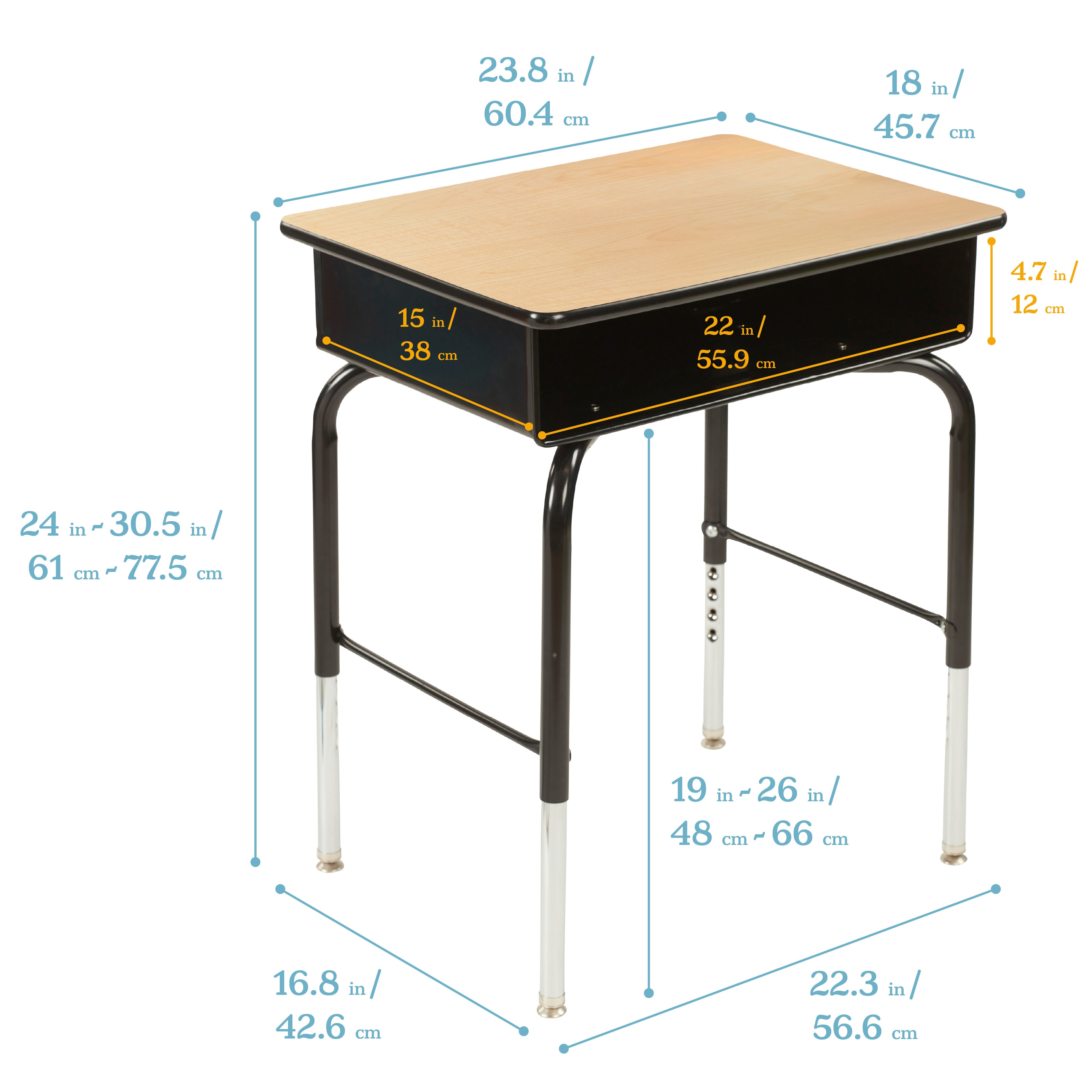 Open Front Student Desk with Metal Storage Book Box, Adjustable Height, 24in x18in