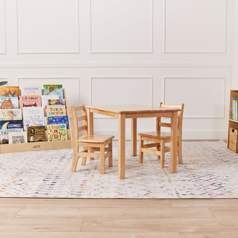 24in x 24in Square Hardwood Table and Chair Set, 12in Seat Height, Kids Furniture, Natural, 3-Piece