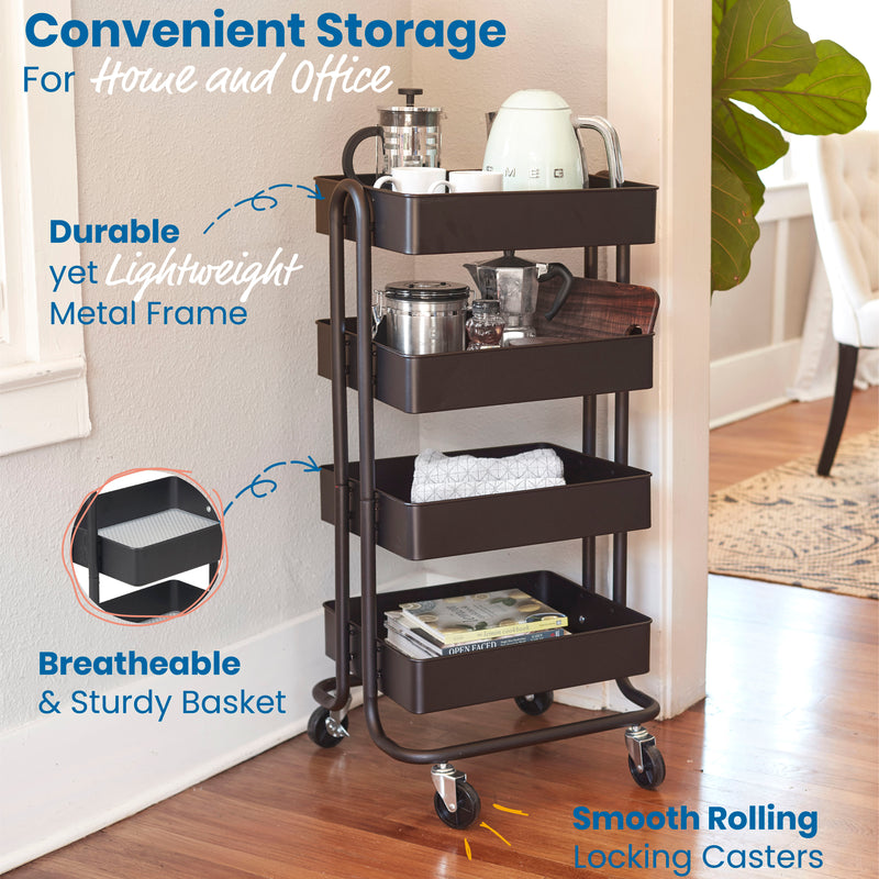 4-Tier Heavy-Duty Rolling Utility Cart, Mobile Storage Organizer - Black