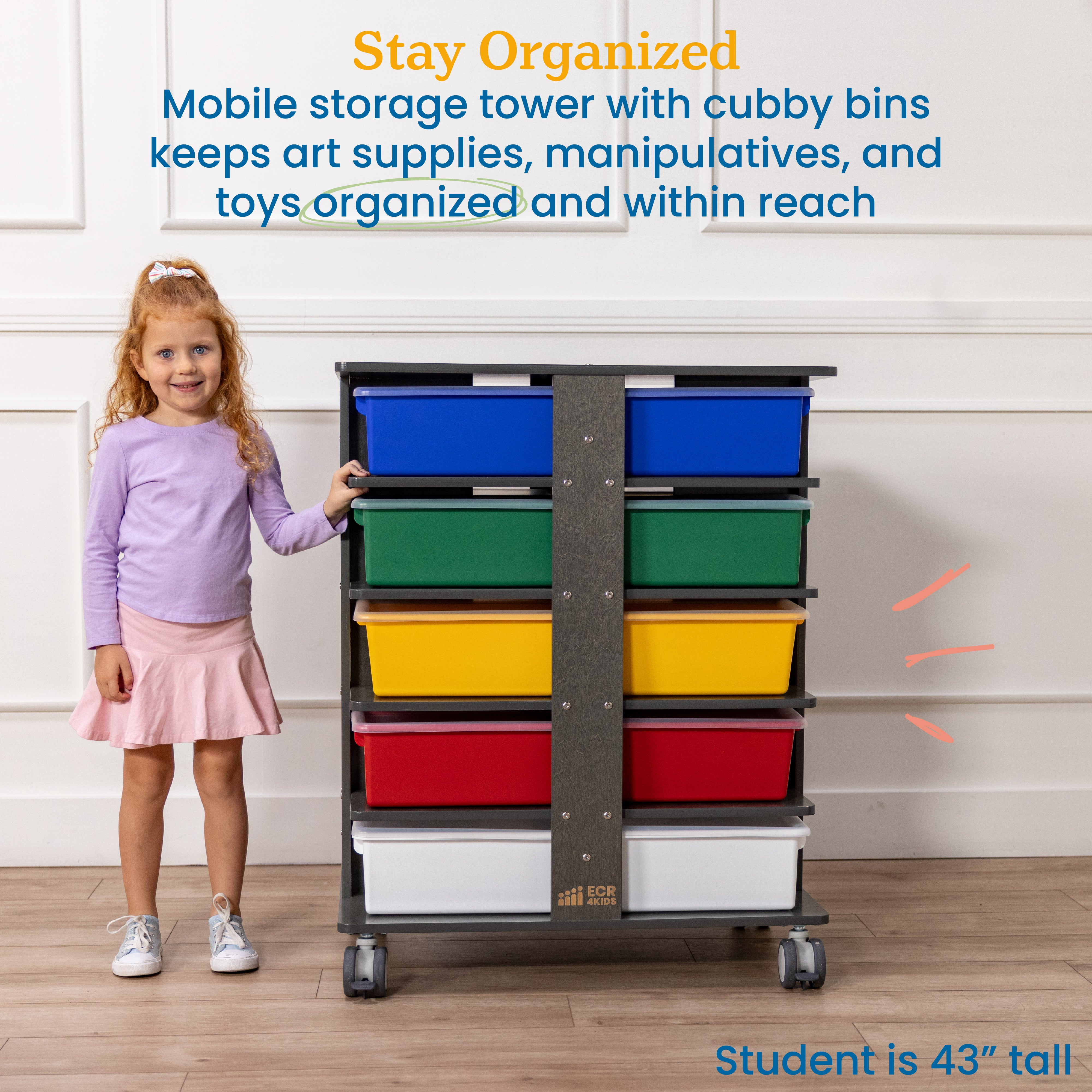 20-Compartment Mobile Storage Tower with Cubby Bins with Lids, 5x4, Grey Wash, Classroom Furniture