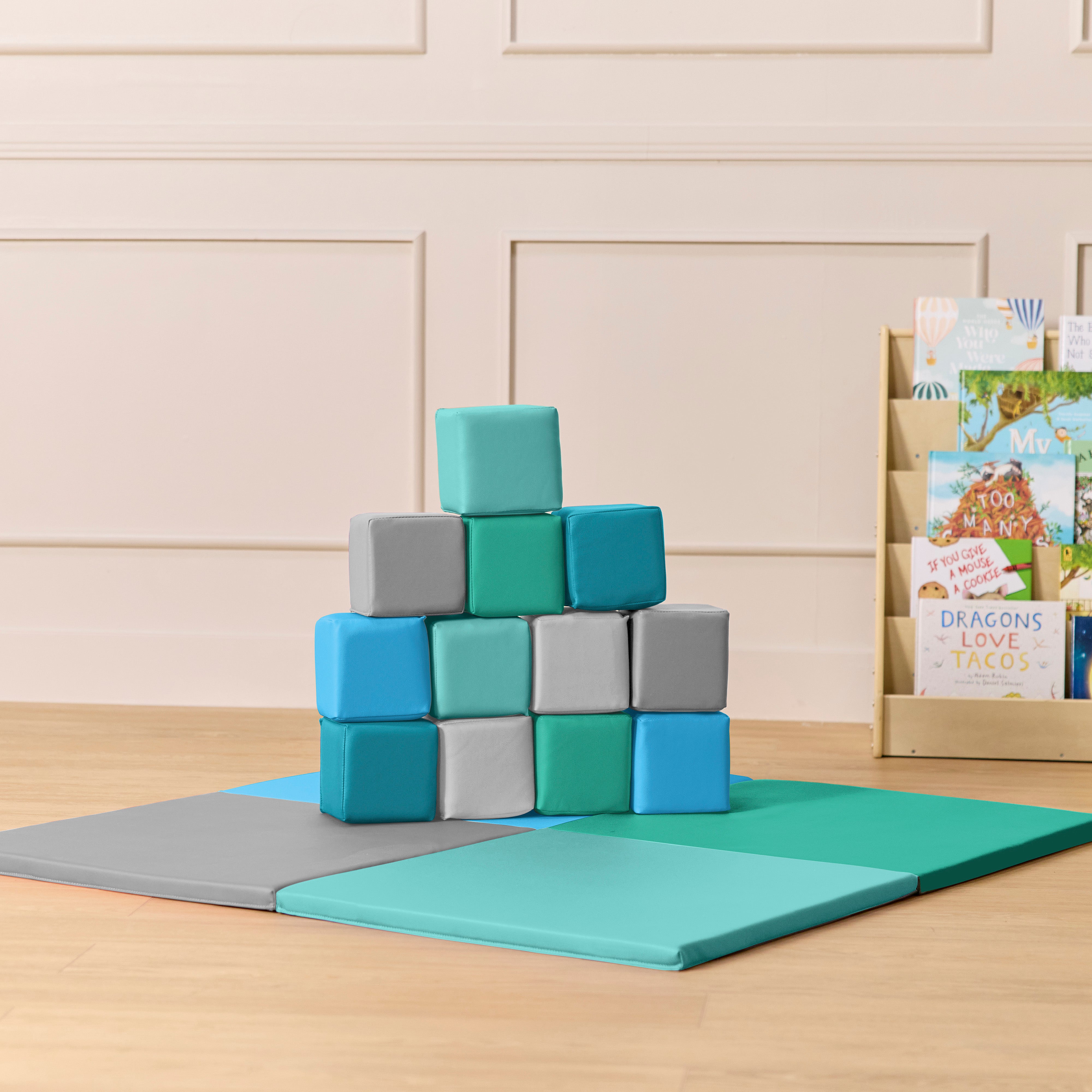 Quad Fold-N-Go Activity Mat and Patchwork Toddler Blocks, 13-Piece