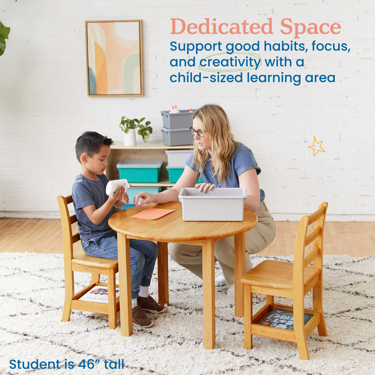 30in Round Hardwood Table and Two Chairs with Storage, 12in Seat Height, 3-Piece