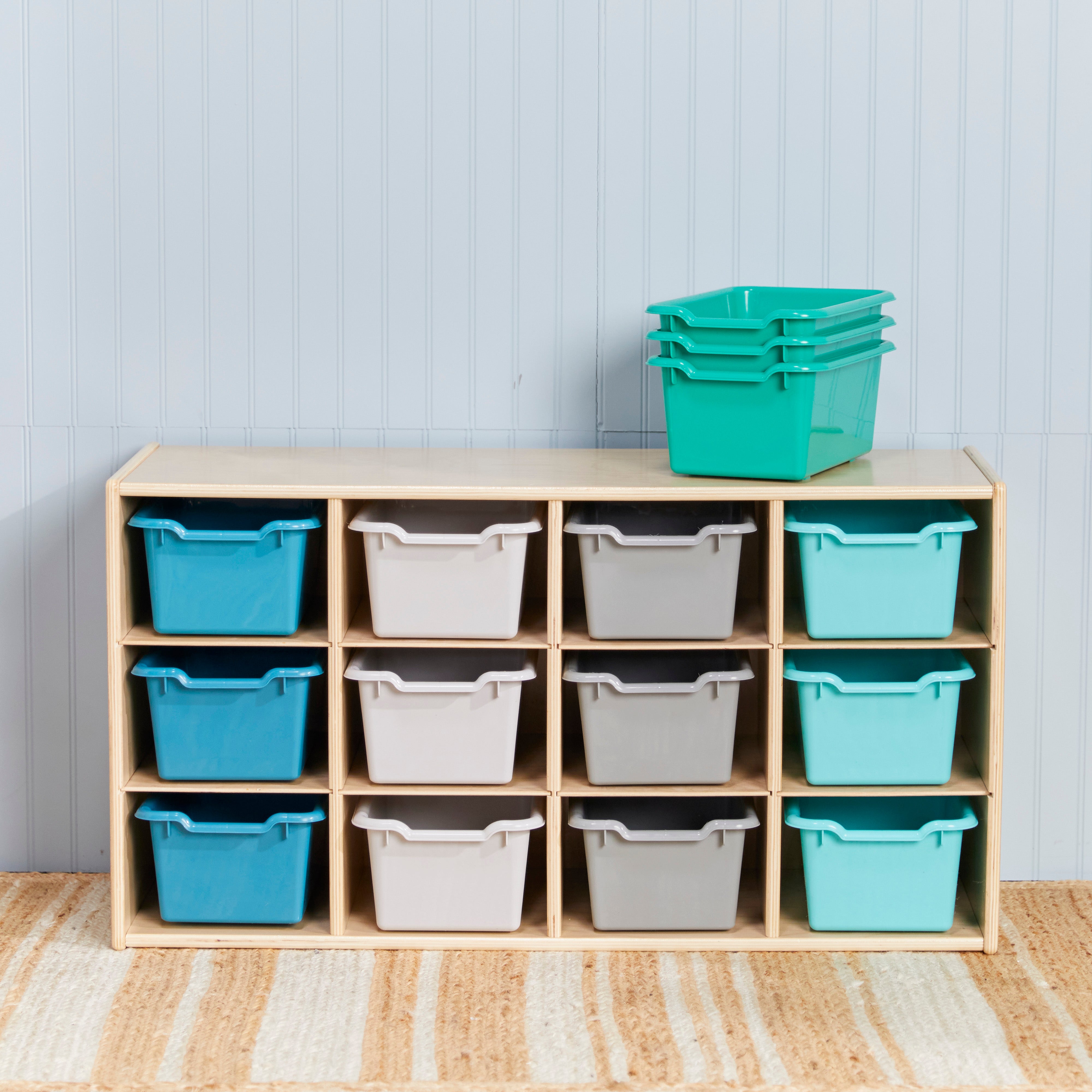 Streamline 12 Cubby Tray Cabinet with 15 Scoop Front Storage Bins, 3x4, Natural