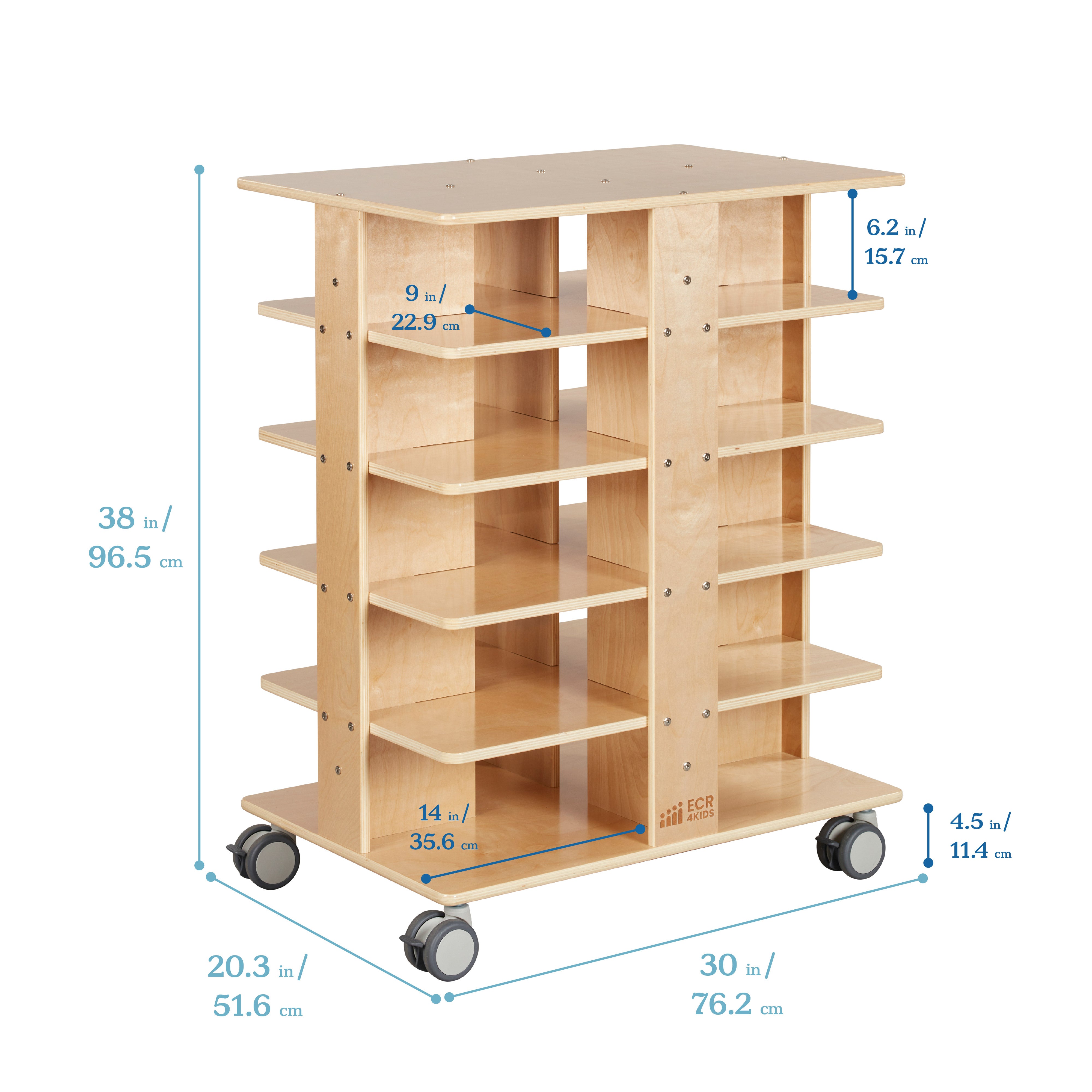 20-Compartment Mobile Storage Tower with Cubby Bins with Lids, 5x4, Natural, Classroom Furniture