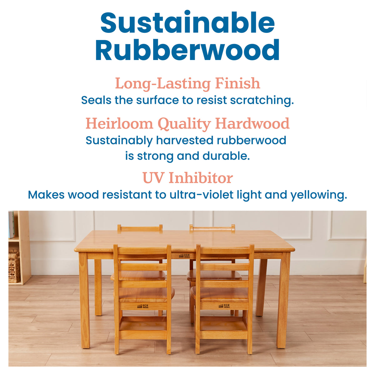 30in x 48in Rectangular Hardwood Table and Four Chairs with Storage, 12in Seat Height, 5-Piece