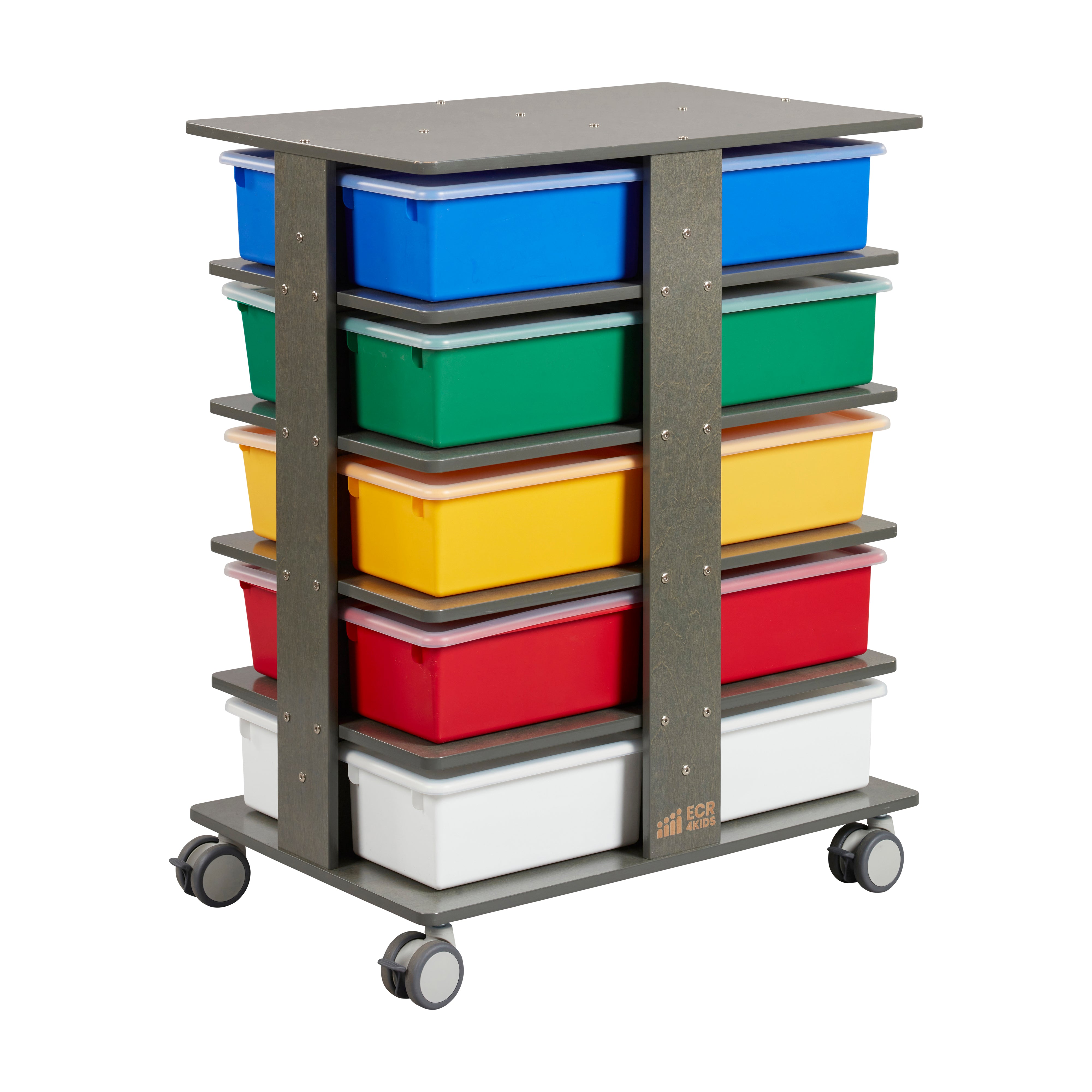 20-Compartment Mobile Storage Tower with Cubby Bins with Lids, 5x4, Grey Wash, Classroom Furniture