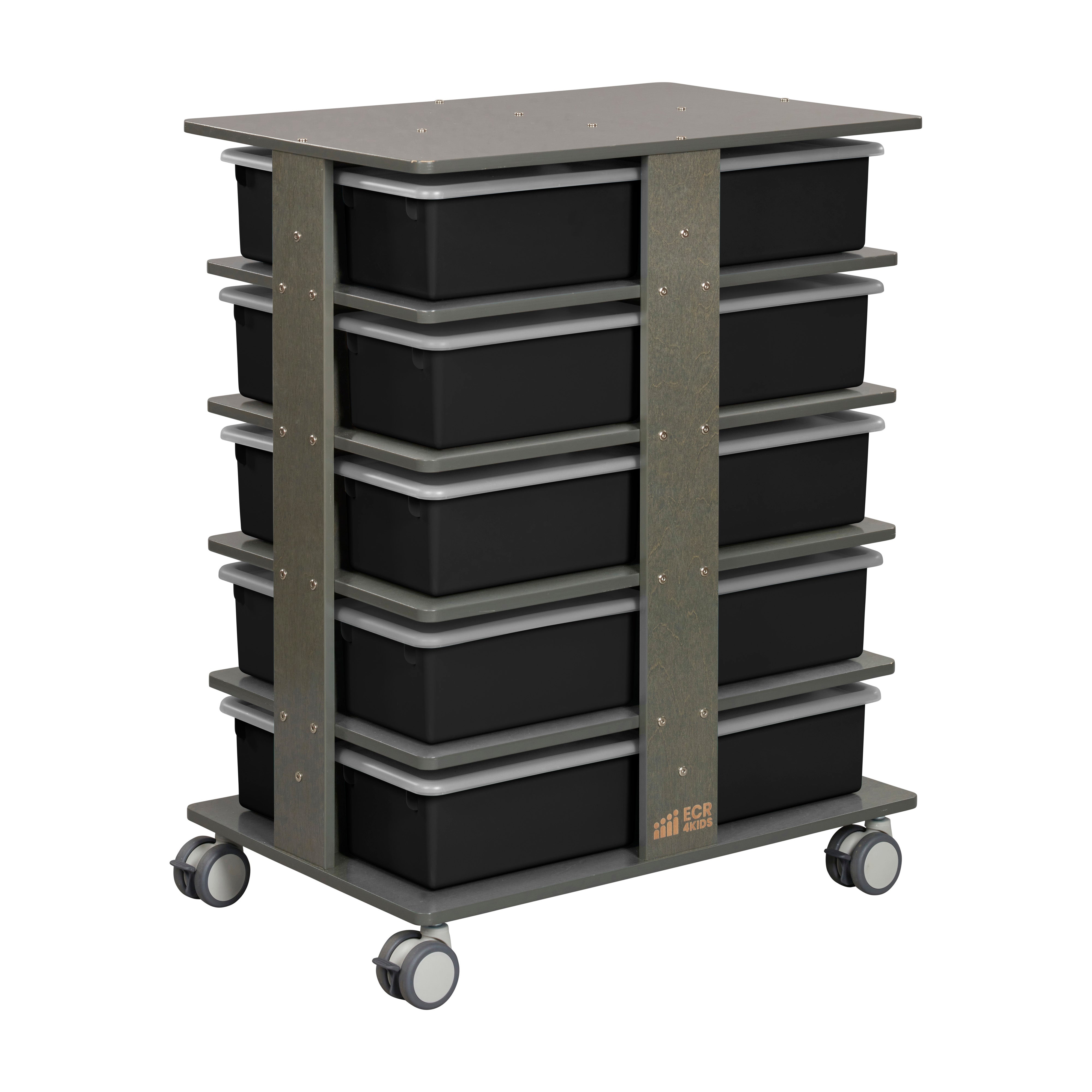 20-Compartment Mobile Storage Tower with Cubby Bins with Lids, 5x4, Grey Wash, Classroom Furniture